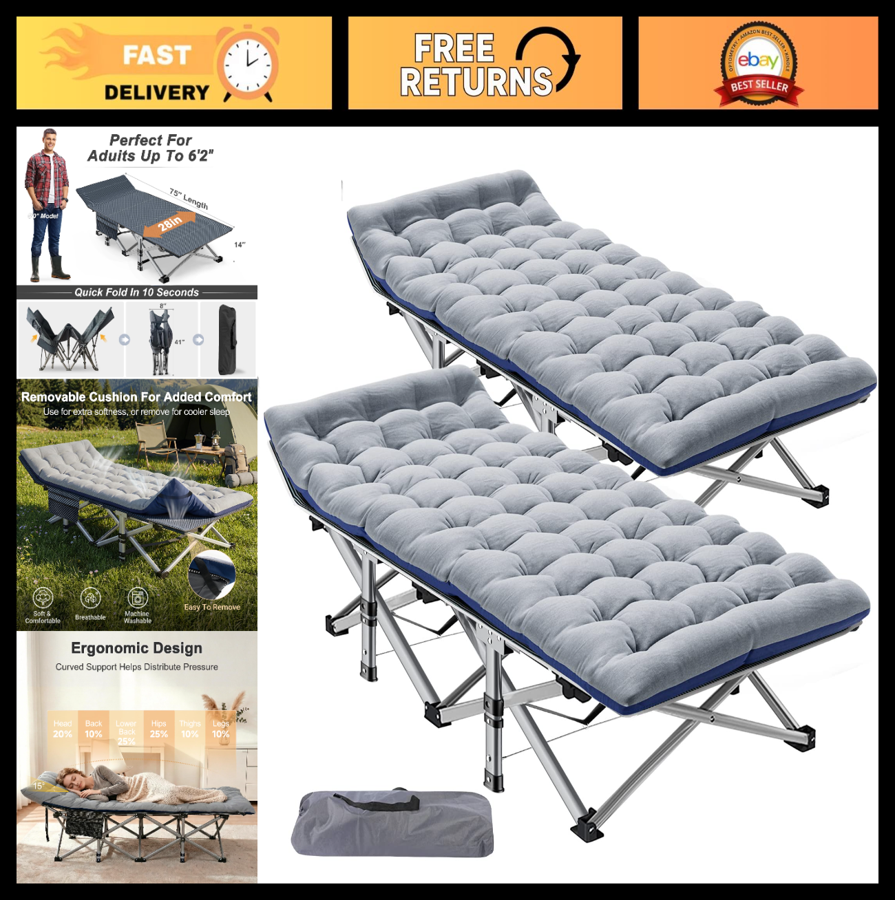 Folding Camping Cot for Adults   28" Wide Heavy Duty Bed, 800 lbs Capacity, 2 Pa0
