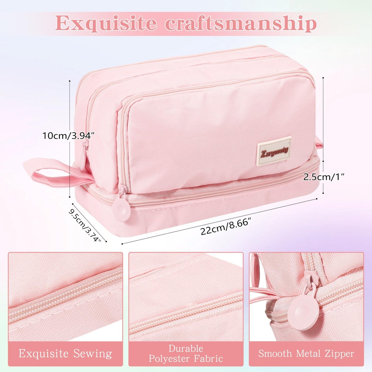 Large Capacity Pink Pencil Case with 4 Compartments, Zippered Pouch & Handle for2