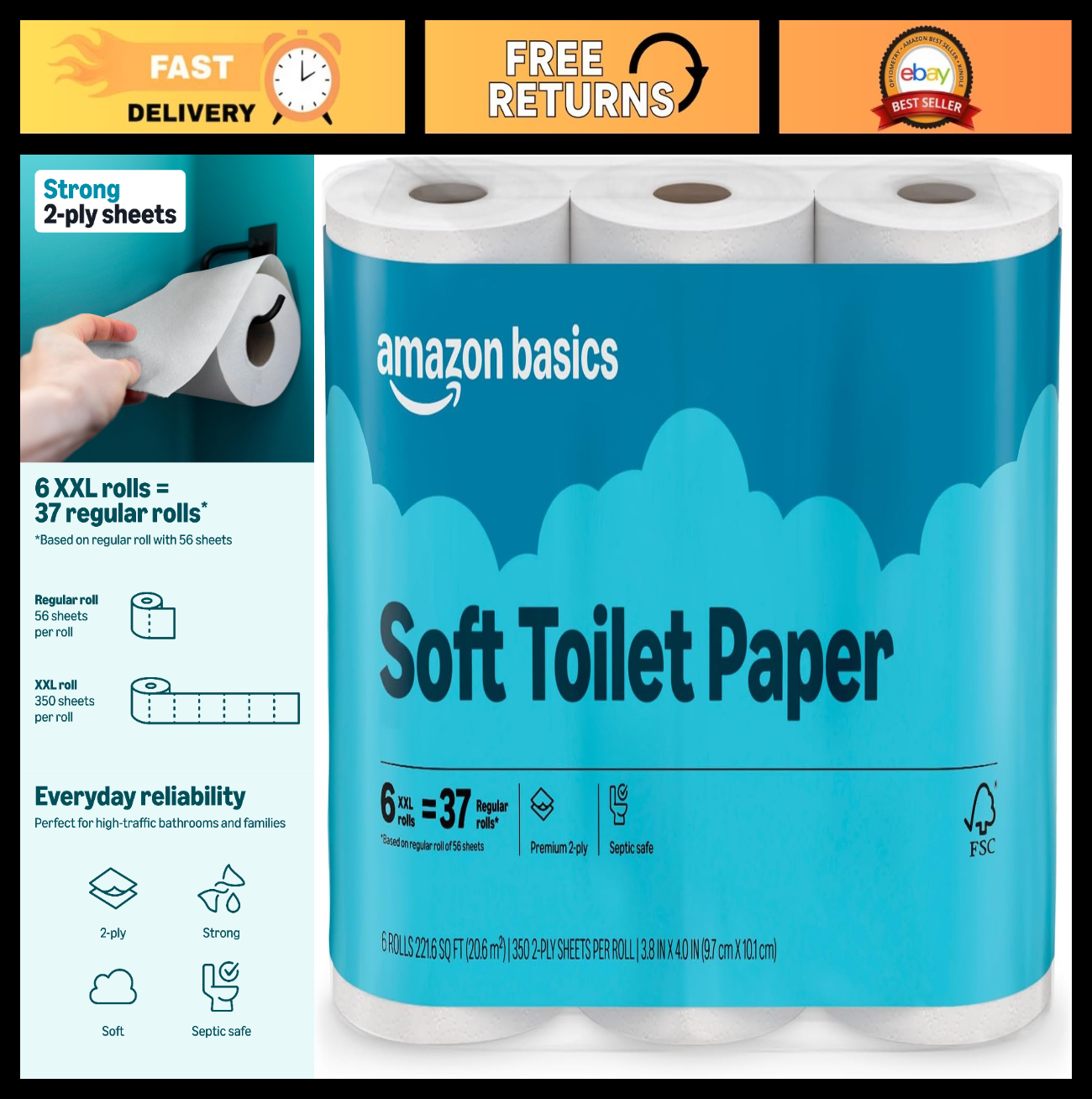 Soft 2 Ply Toilet Paper, 350 Sheets per Roll, Septic Safe, 10 Pack, Equivalent t0