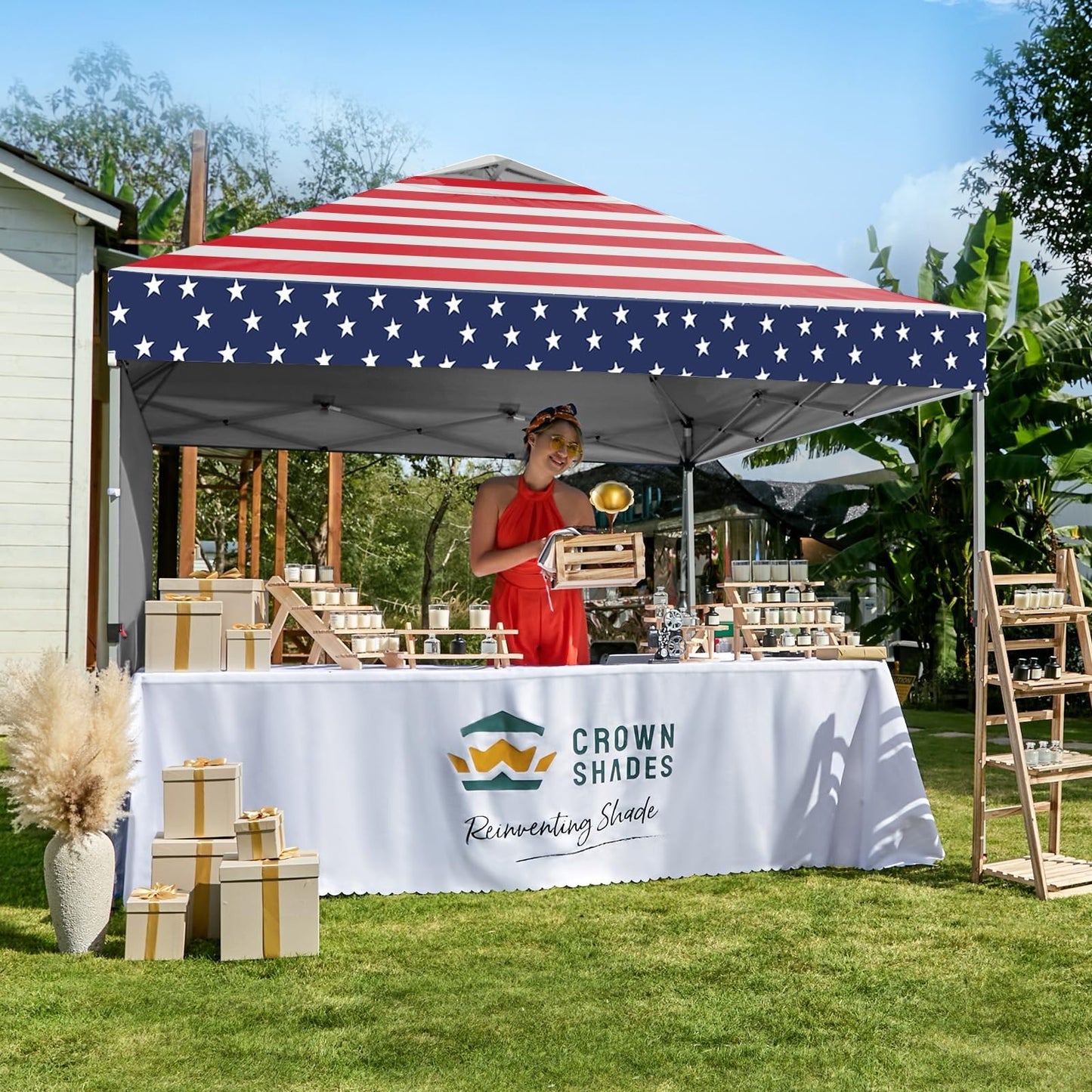 10x10 Pop Up Canopy with Side Wall, American Flag | Easy Setup Outdoor Shelter,2