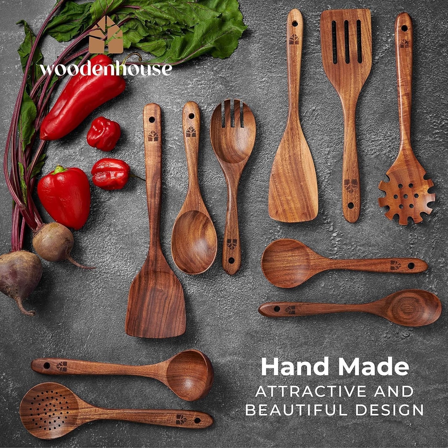 10 Pcs Wooden Cooking Spoons Set   Durable Teak Utensils, Heat Resistant, Food S6