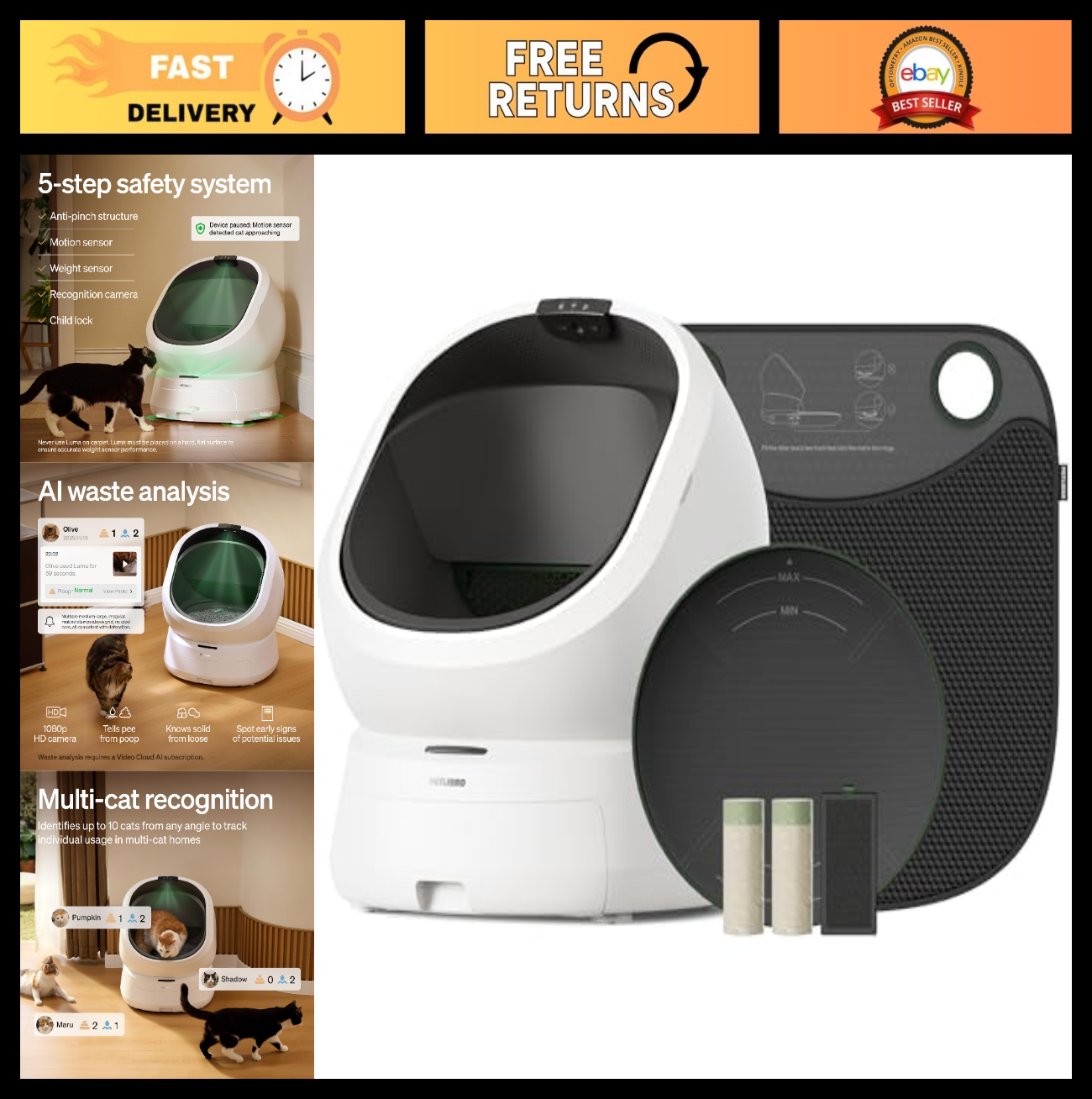 Automatic Self-Cleaning Litter Box Bundle with AI Camera, Multi-Cat, Odor Contro0