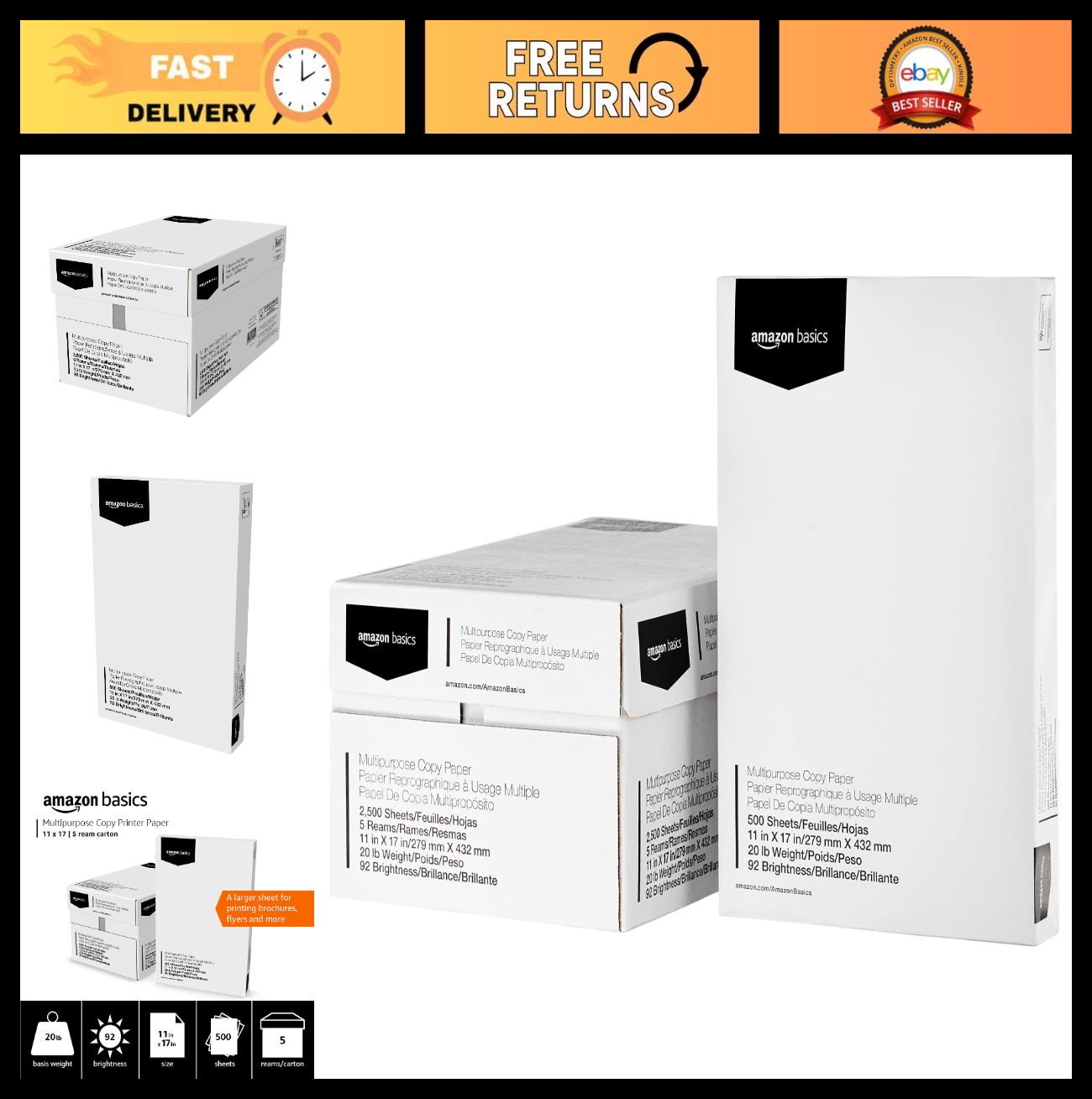 Multipurpose Copy Printer Paper 20 lb, 11x17 Inches, 2500 Sheets, Bright White R0
