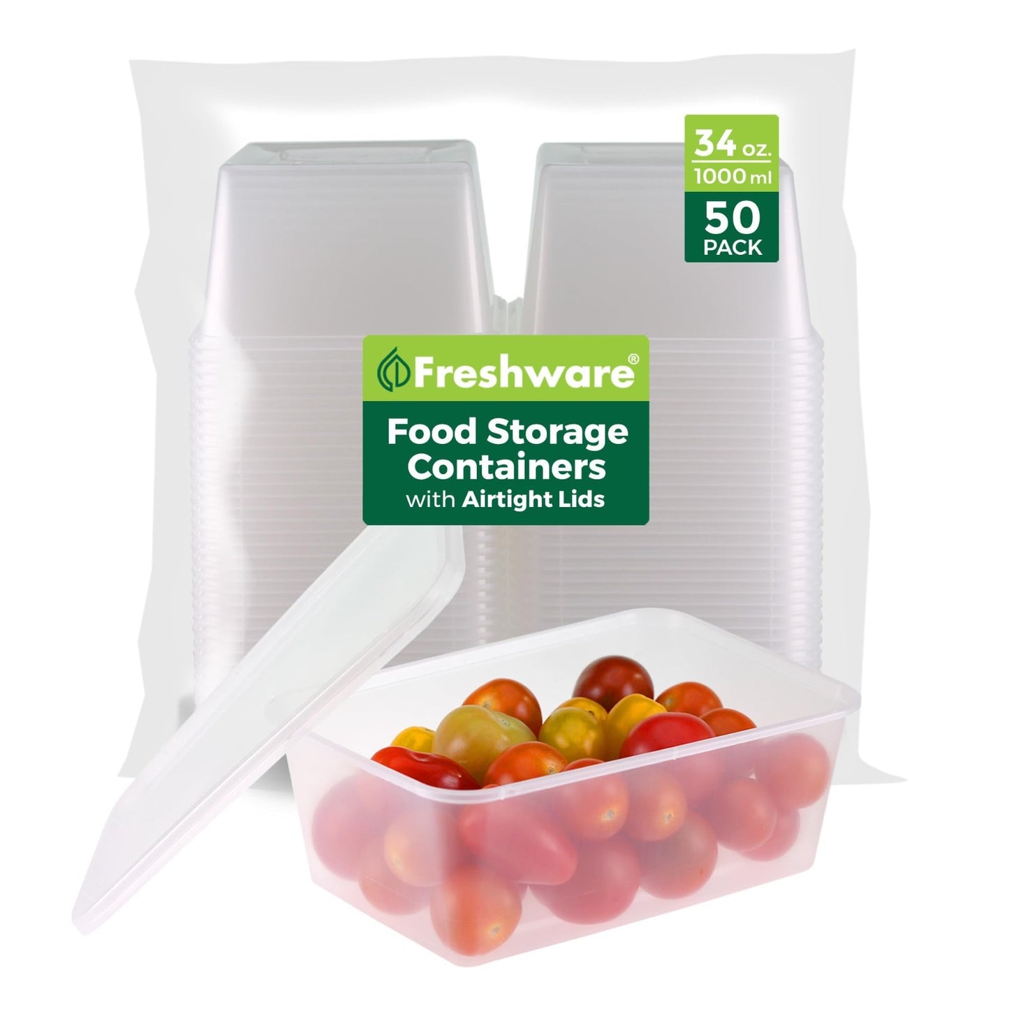 50 Pack 34 oz Plastic Food Storage Containers with Lids - Leakproof, BPA Free, S1