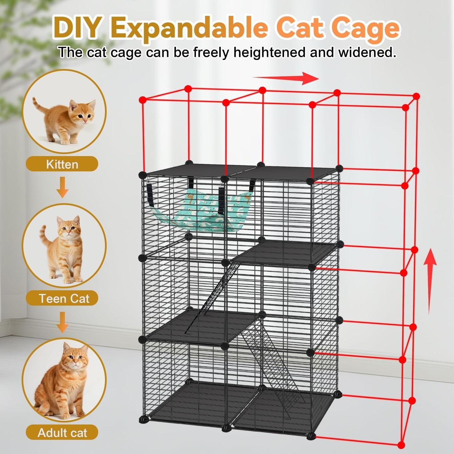 3 Tier Cat Cage Enclosure for Kittens, Indoor/Outdoor Playpen with Hammock, 24"x8