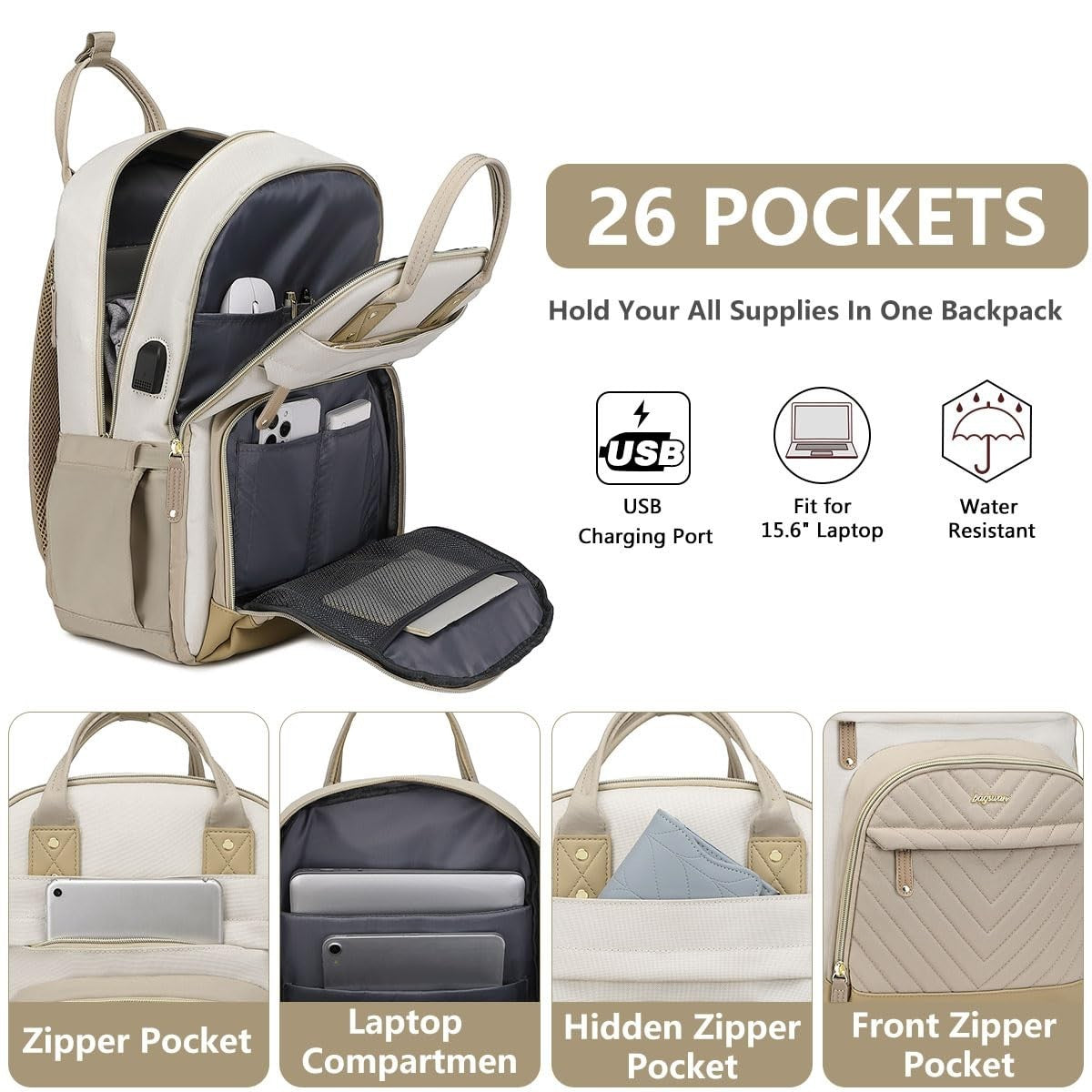 15.6" Laptop Backpack for Women   Waterproof Travel Bag with USB Charger, Anti T2
