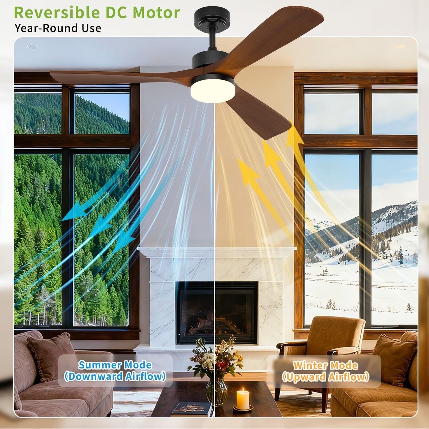 52 Inch Ceiling Fan with Lights, Solid Wood Blades, Ultra Quiet DC Motor, 6 Spee6
