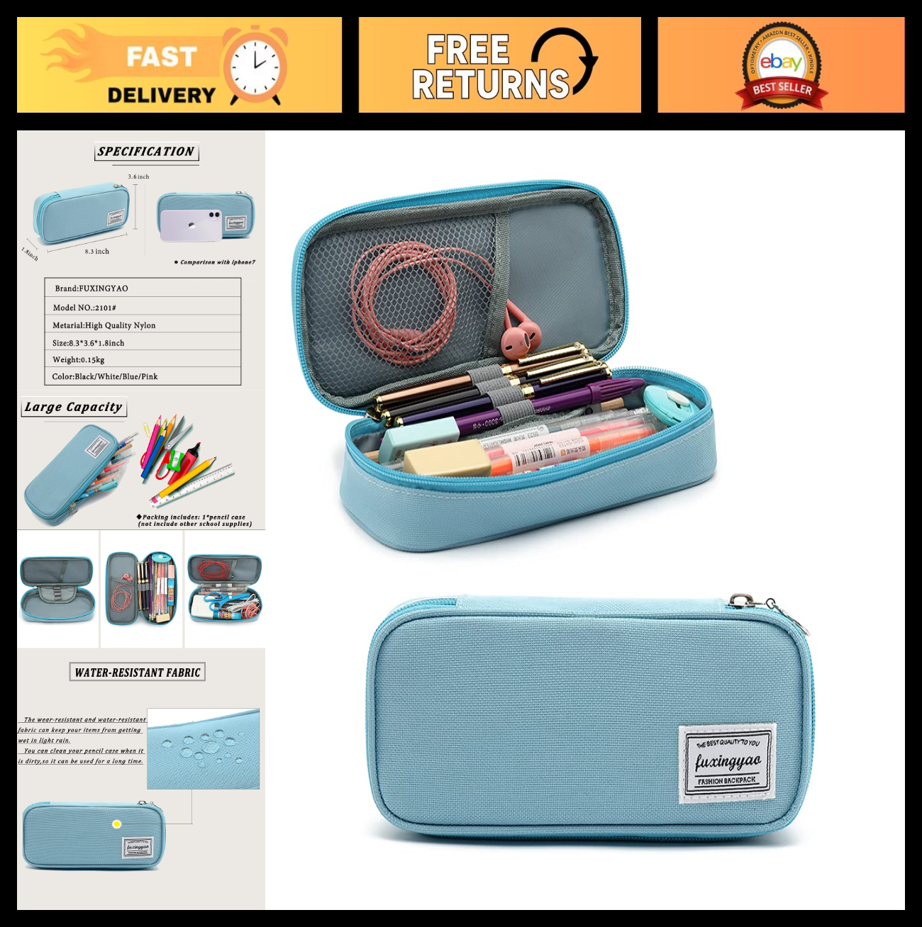 Multi Slot Pencil Case, Portable Pen Pouch, Office & School Supplies Bag   Blue0