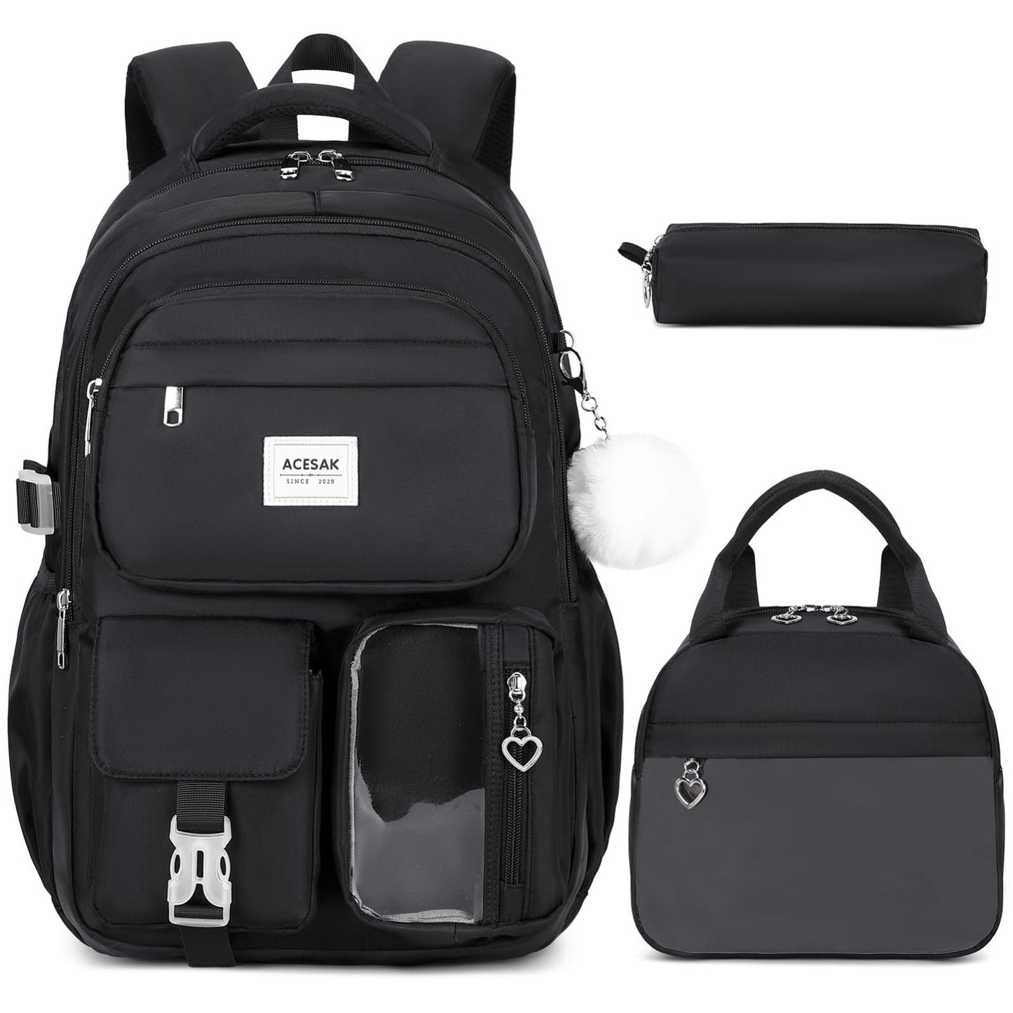 Stylish Girls Backpack with Lunch Bag & Pencil Pouch   Teen Laptop Bookbag, Blac1