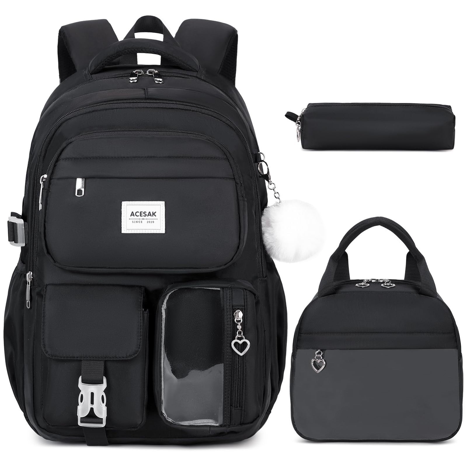 Stylish Girls Backpack with Lunch Bag & Pencil Pouch   Teen Laptop Bookbag, Blac1