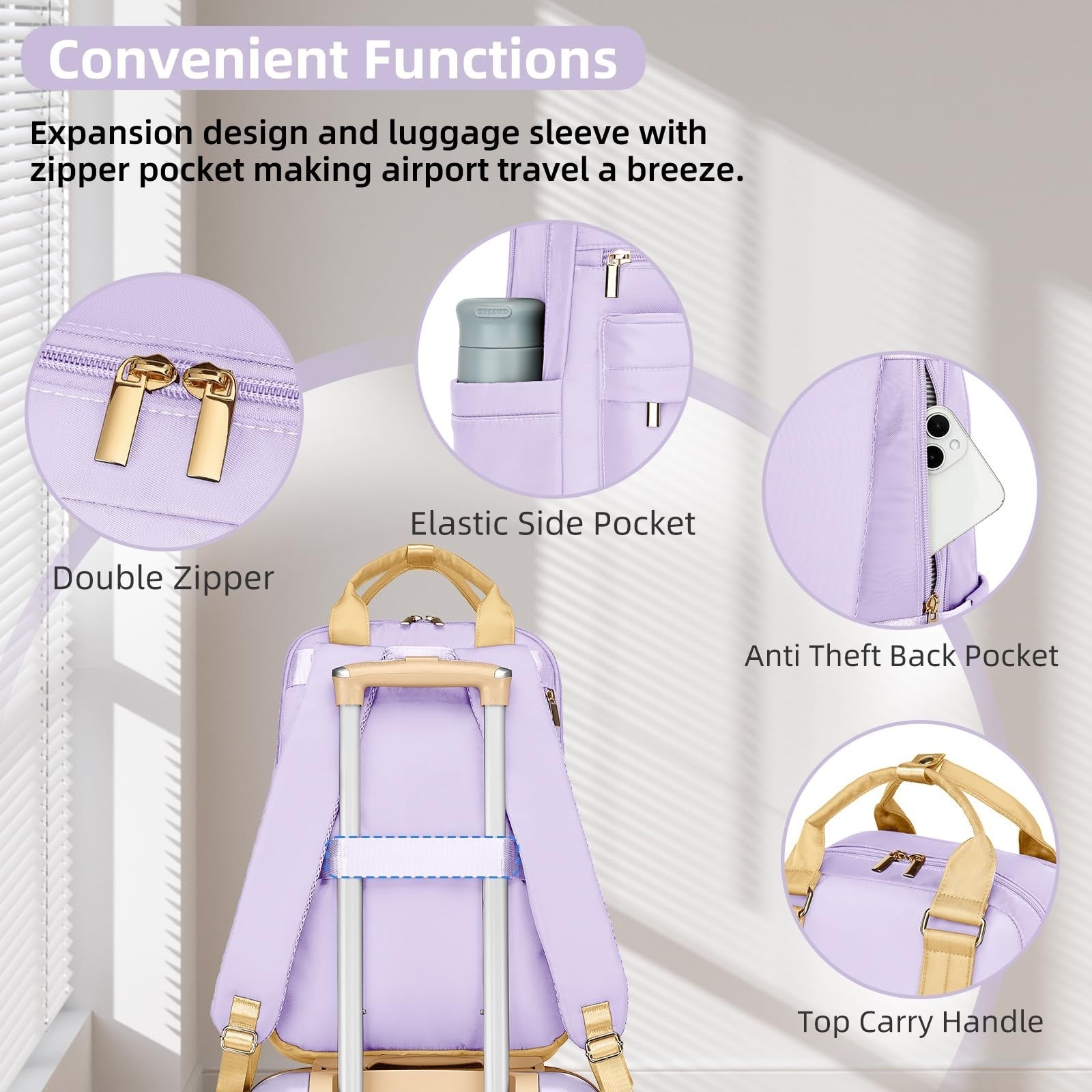 Expandable 3-Piece Carry-On Luggage Set - Lavender, 22x14x9, TSA-Approved, Spinn5