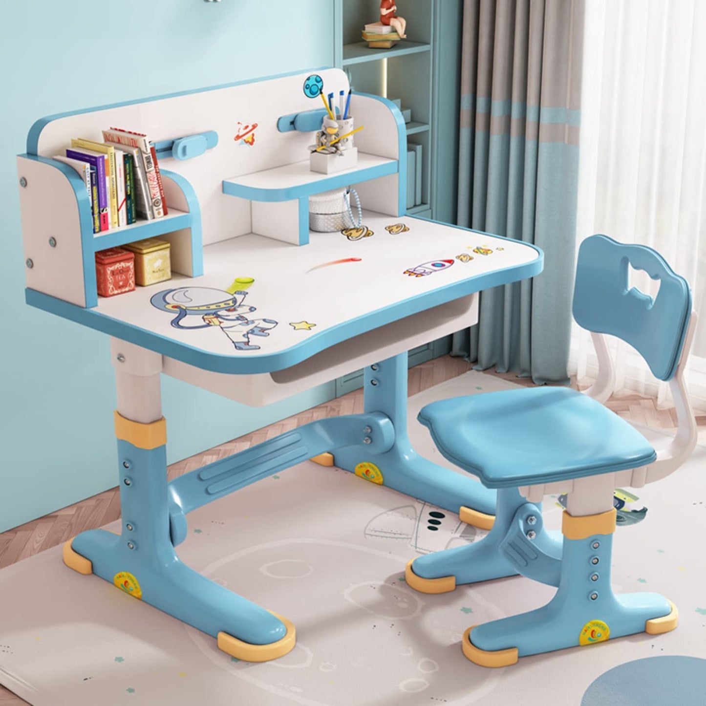 Kids Adjustable Height Study Desk & Chair Set, Widened Desktop, Cartoon Design,2