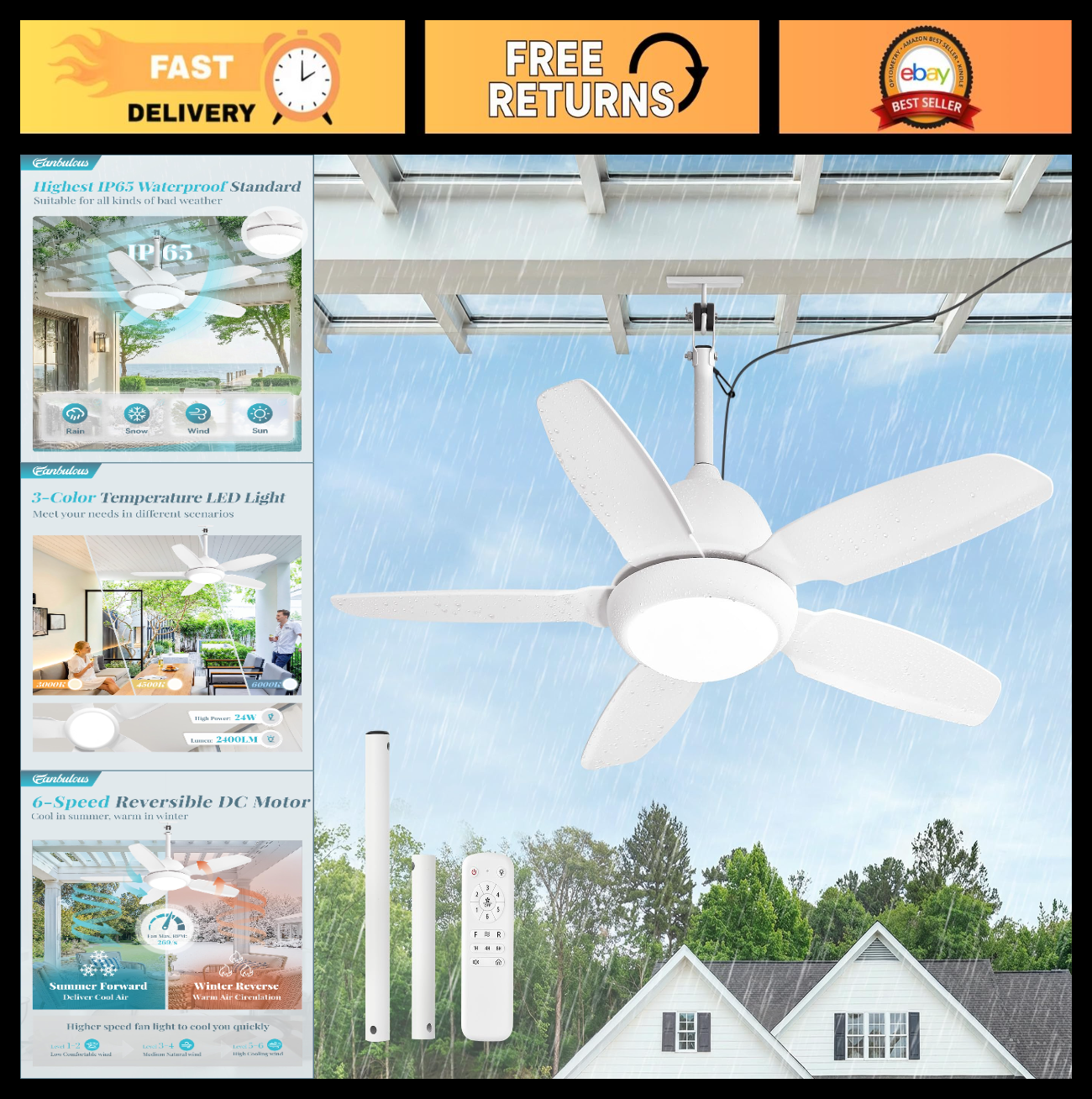 42" Waterproof Outdoor Ceiling Fan with Light, IP65, 3CCT Dimmable, Remote, 6 Sp0
