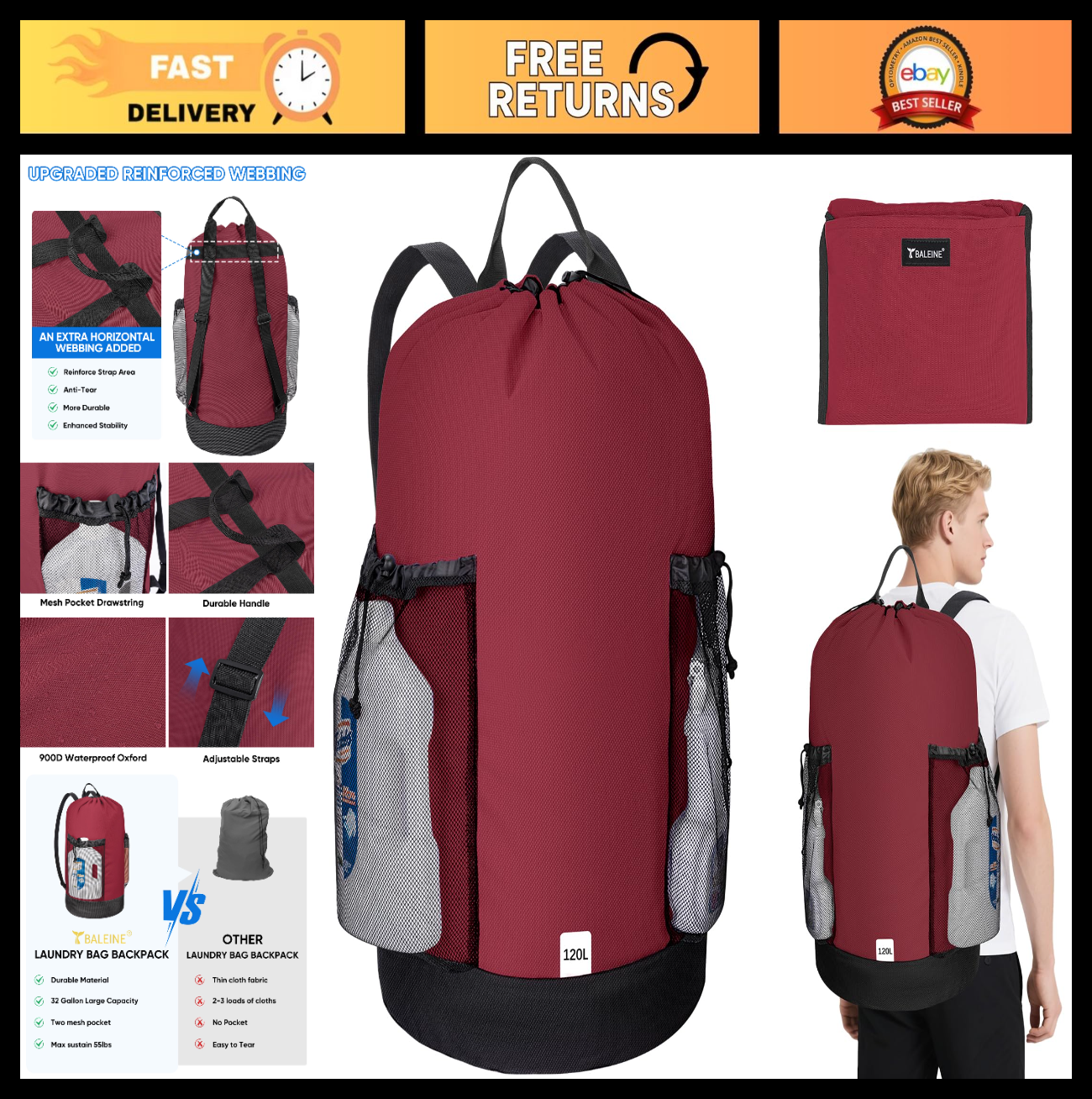 Optimized eBay Title:  "120L Large Laundry Backpack Bag - Durable 900D Oxford F0