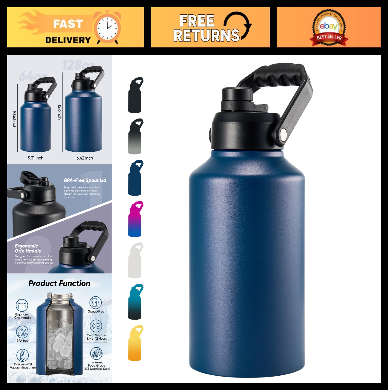 128oz Insulated Water Jug - Stainless Steel Gallon Bottle with Handle for Campin0
