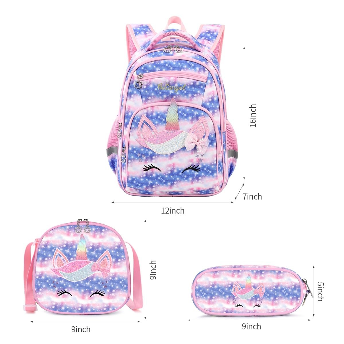 Cute Unicorn Girls Backpack Set with Lunch Box & Pencil Case   Multi Compartment2