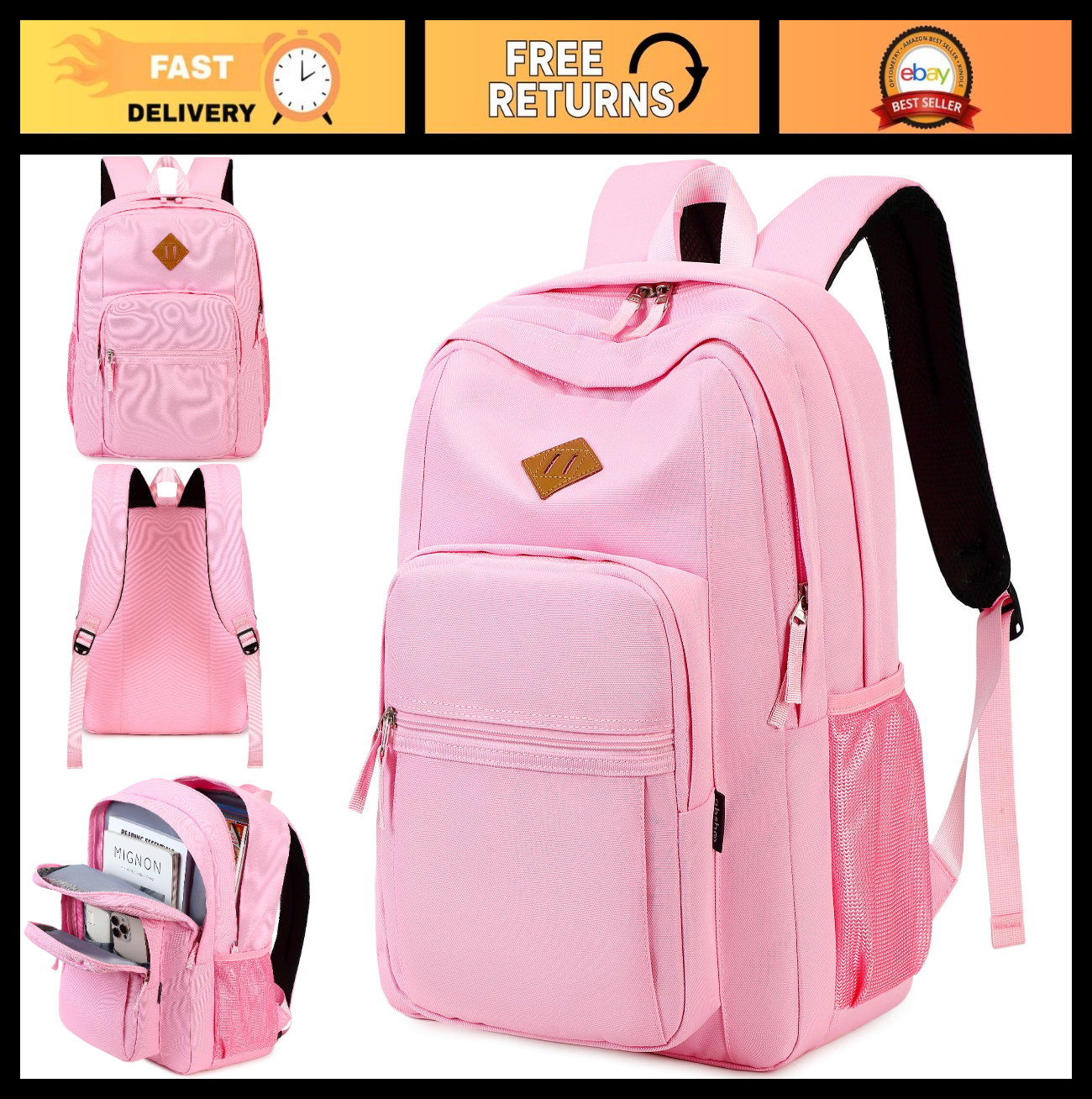 Solid Color Water Resistant Backpack for Girls & Women   School, College, Travel0