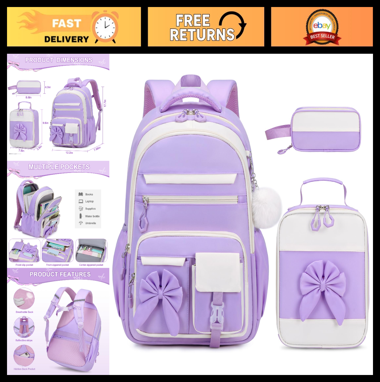 Cute Girls Backpack Set with Lunch Bag & Pencil Case   Stylish School Bag for Ki0