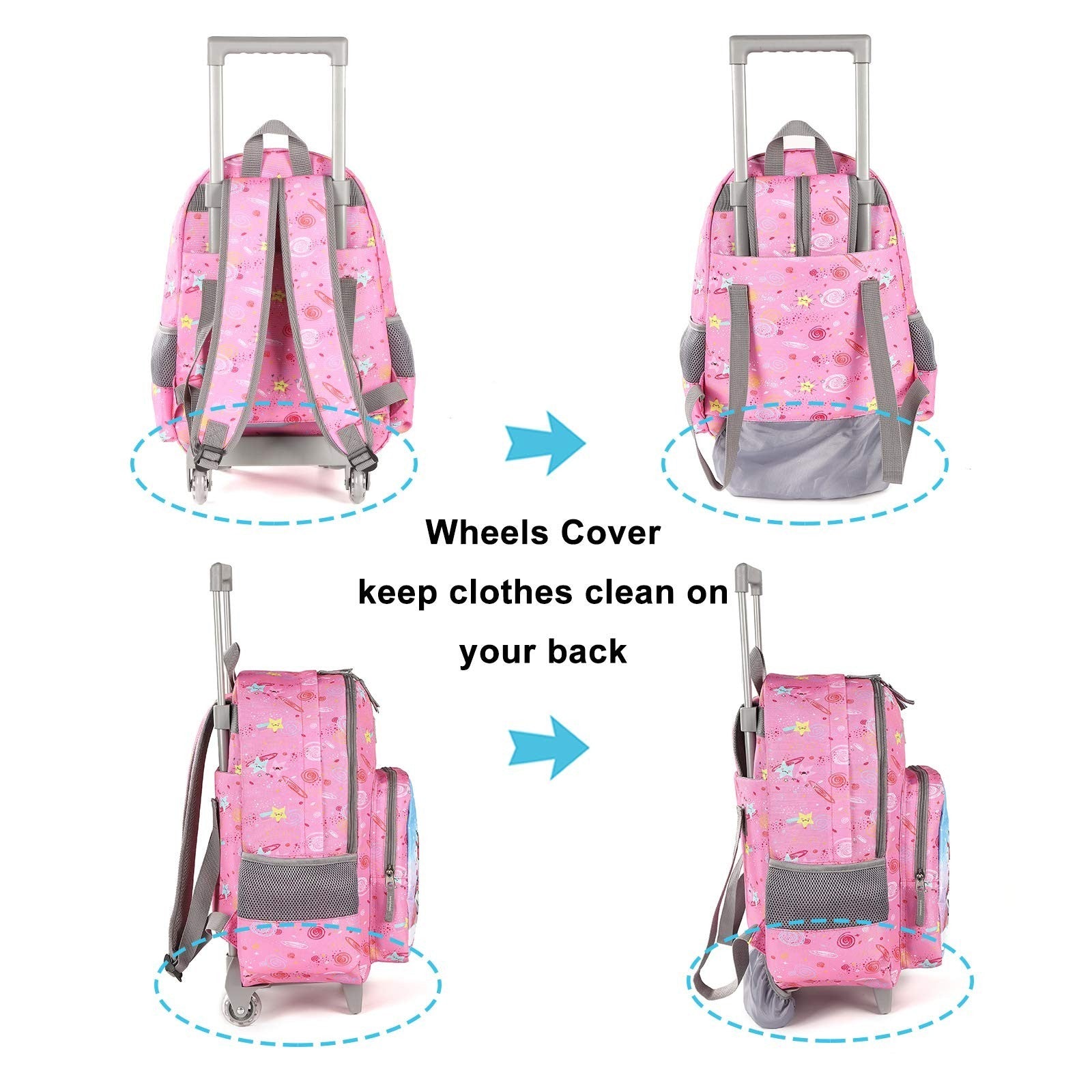 Wheeled Kids Backpack 18" with Lunch Bag, Double Handle, Pink Unicorn Design5