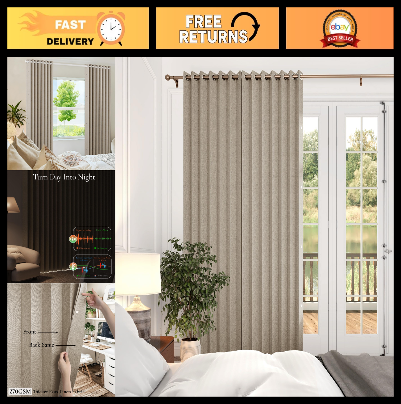 52x90 Inch Room Darkening Thermal Insulated Faux Linen Curtain Panel   Tan0