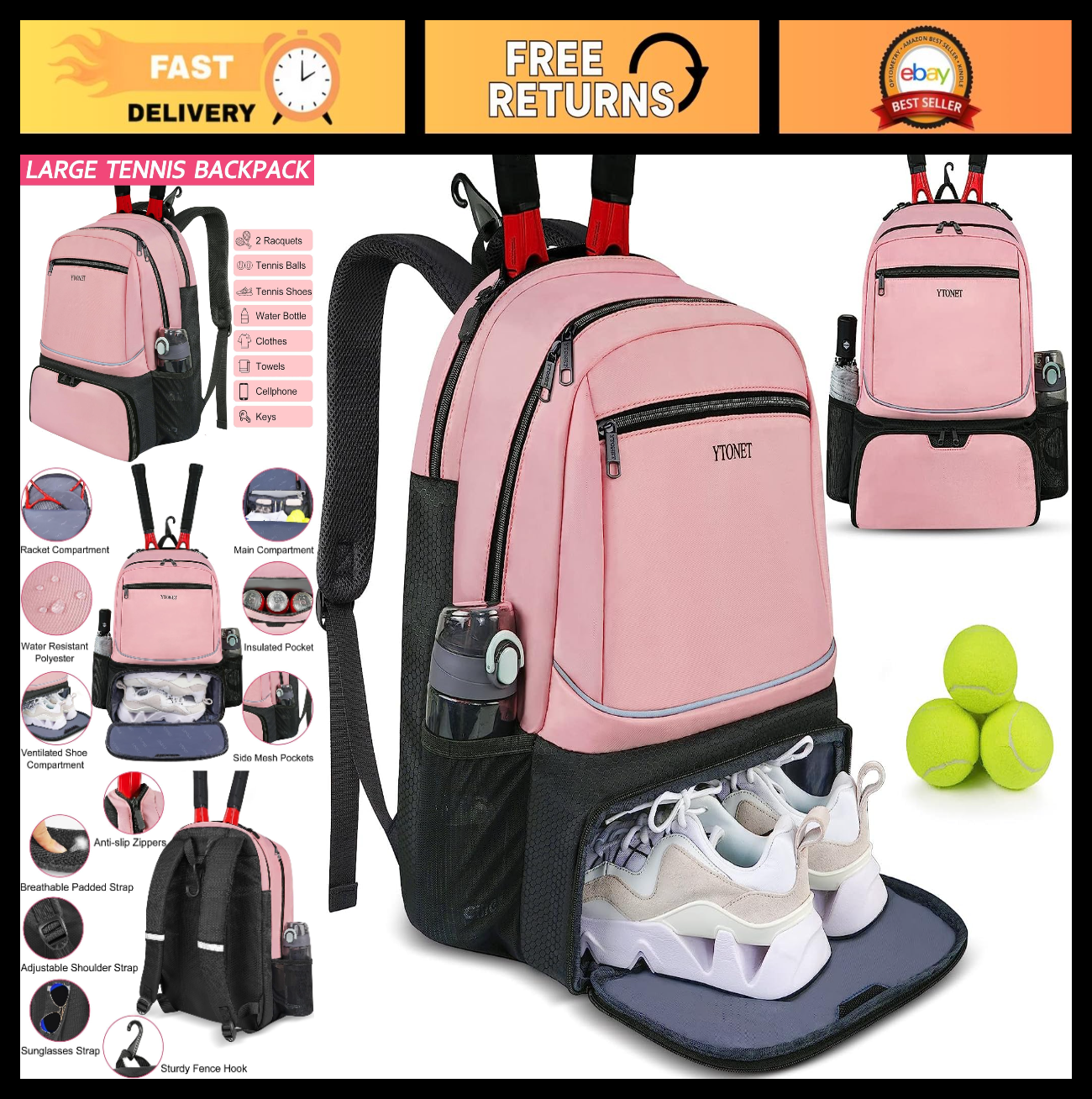 Insulated Tennis Backpack for 2 Rackets, Ventilated Shoe Compartment, Unisex0