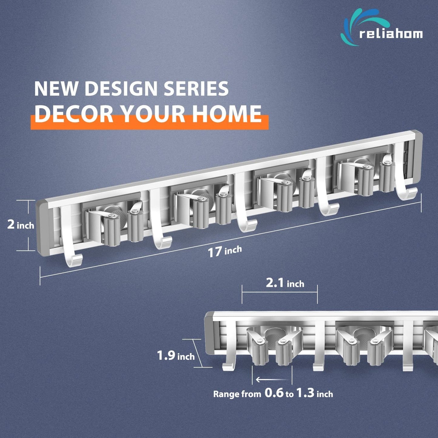 Wall Mount Broom Holder & Mop Hanger Organizer - 4 Racks & 5 Hooks Storage Solut1