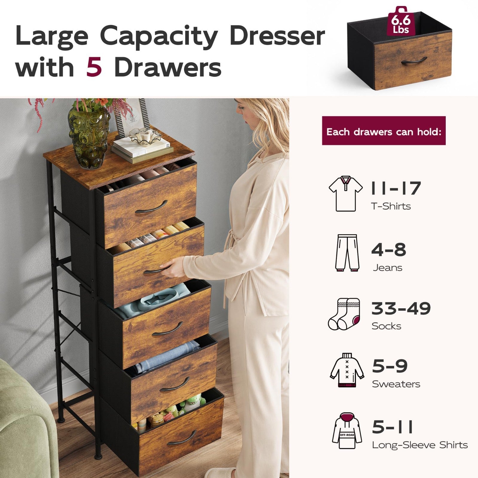 Tall Dresser for Bedroom - 5 Drawer Vertical Storage Chest, Rustic Brown, Space-5