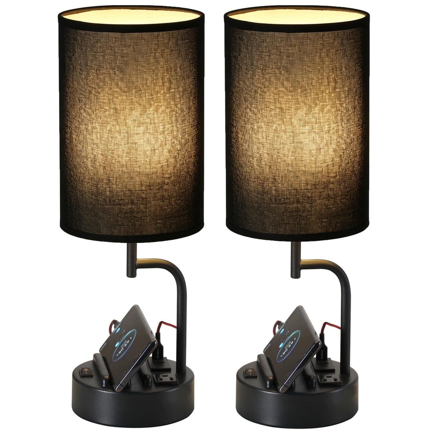 Modern Table Lamp with 3 USB Ports & AC Outlet, Bedside Desk Light, 2 Pack, Blac1
