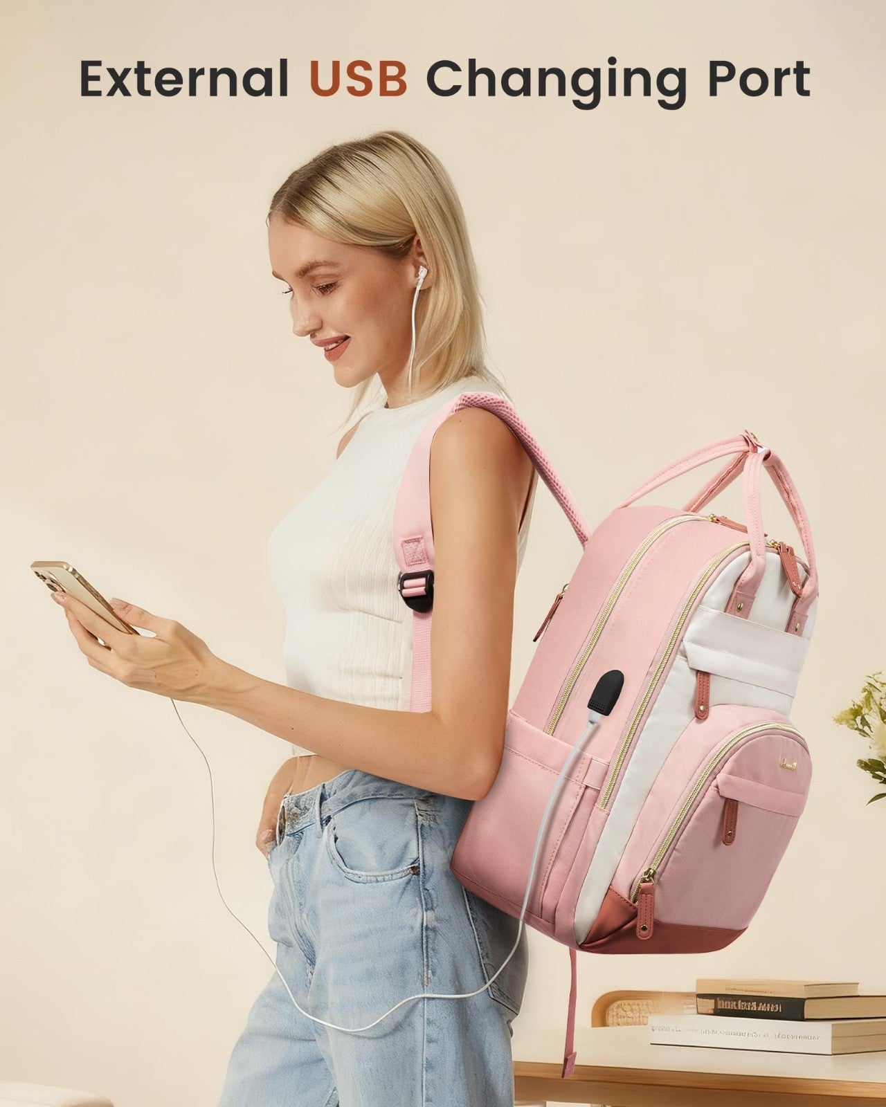 Stylish 15.6" Waterproof Laptop Backpack for Women, Cute Work & Travel Bag, Pink2
