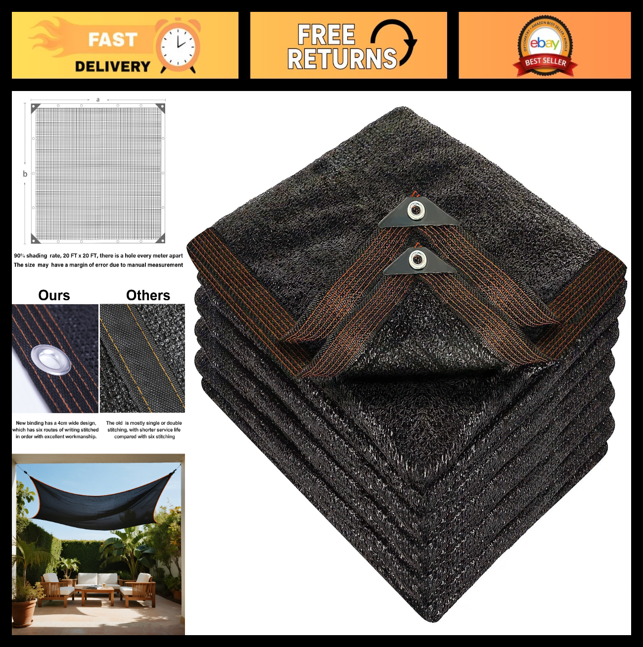 90% Shade Cloth for Dog Kennel, 20x20 FT Sunblock Mesh Tarp with Grommets - Pati0