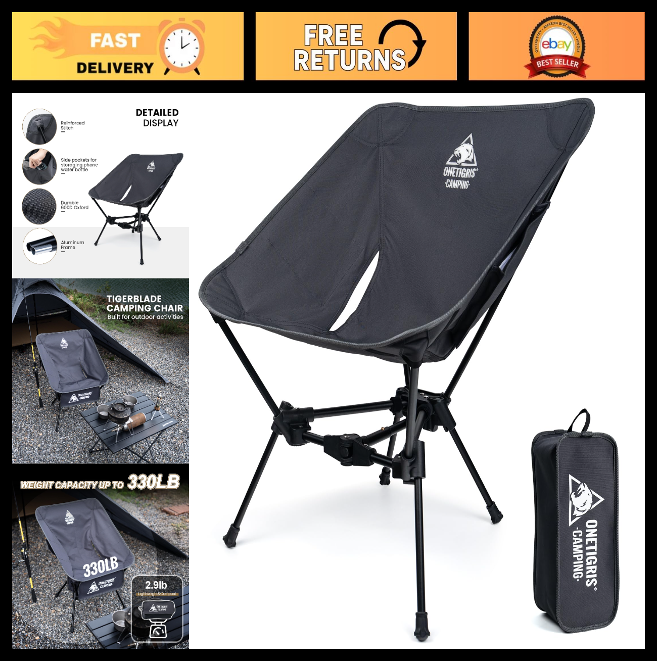 Lightweight Folding Camping Chair - Portable Backpacking Chair, 330 lbs Capacity0