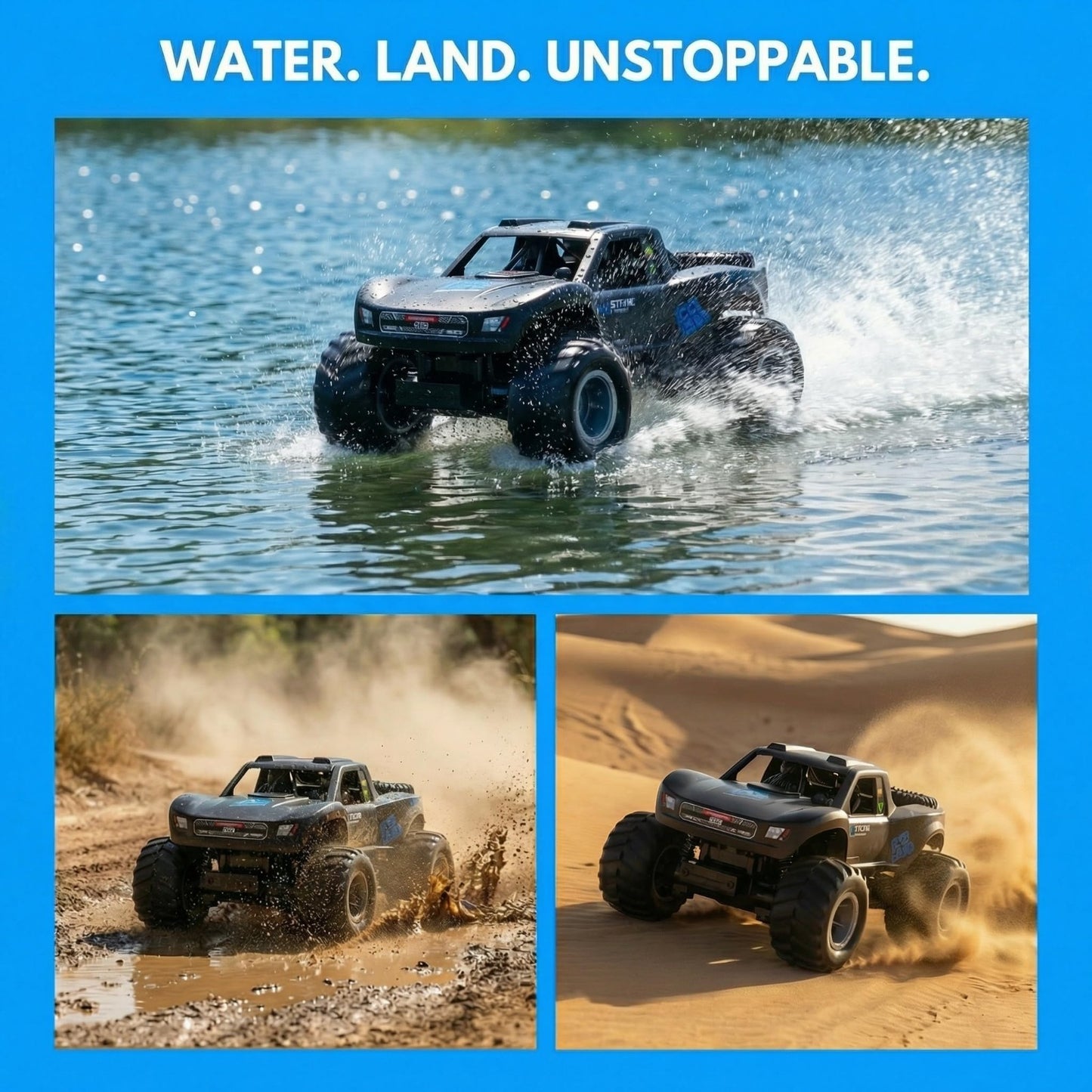 Amphibious Remote Control Car - Fully Submersible 4WD Monster Truck for Kids, 602