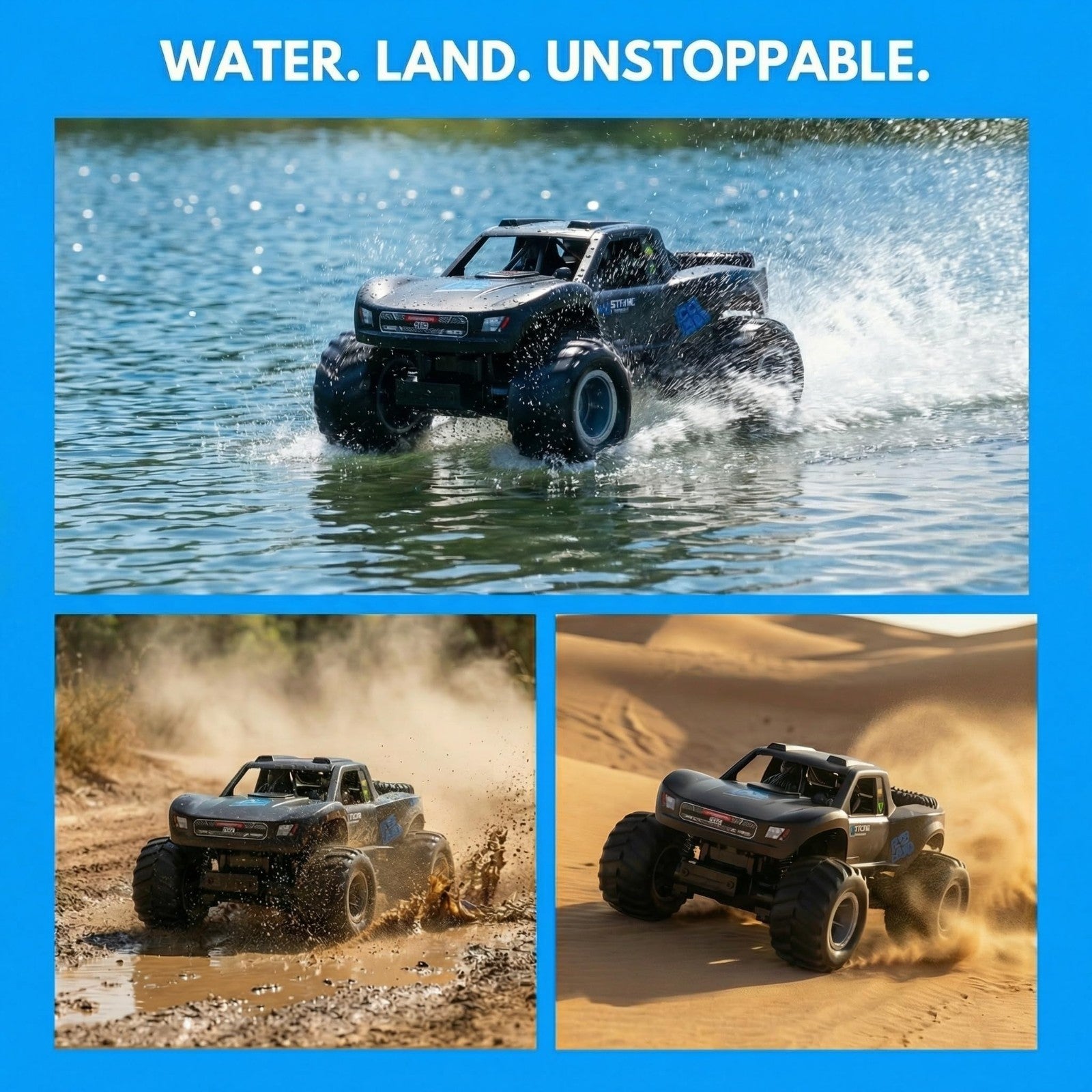 Amphibious Remote Control Car - Fully Submersible 4WD Monster Truck for Kids, 602