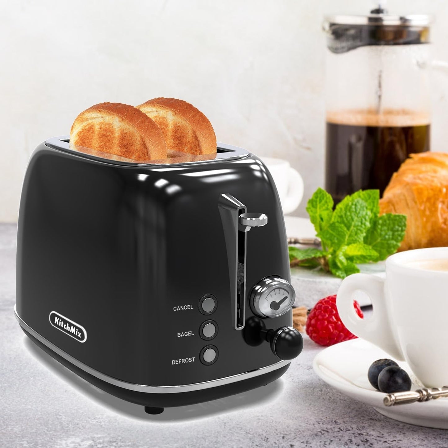 Retro Stainless Steel 2 Slice Toaster with 6 Settings, Extra Wide Slots, Bagel &7