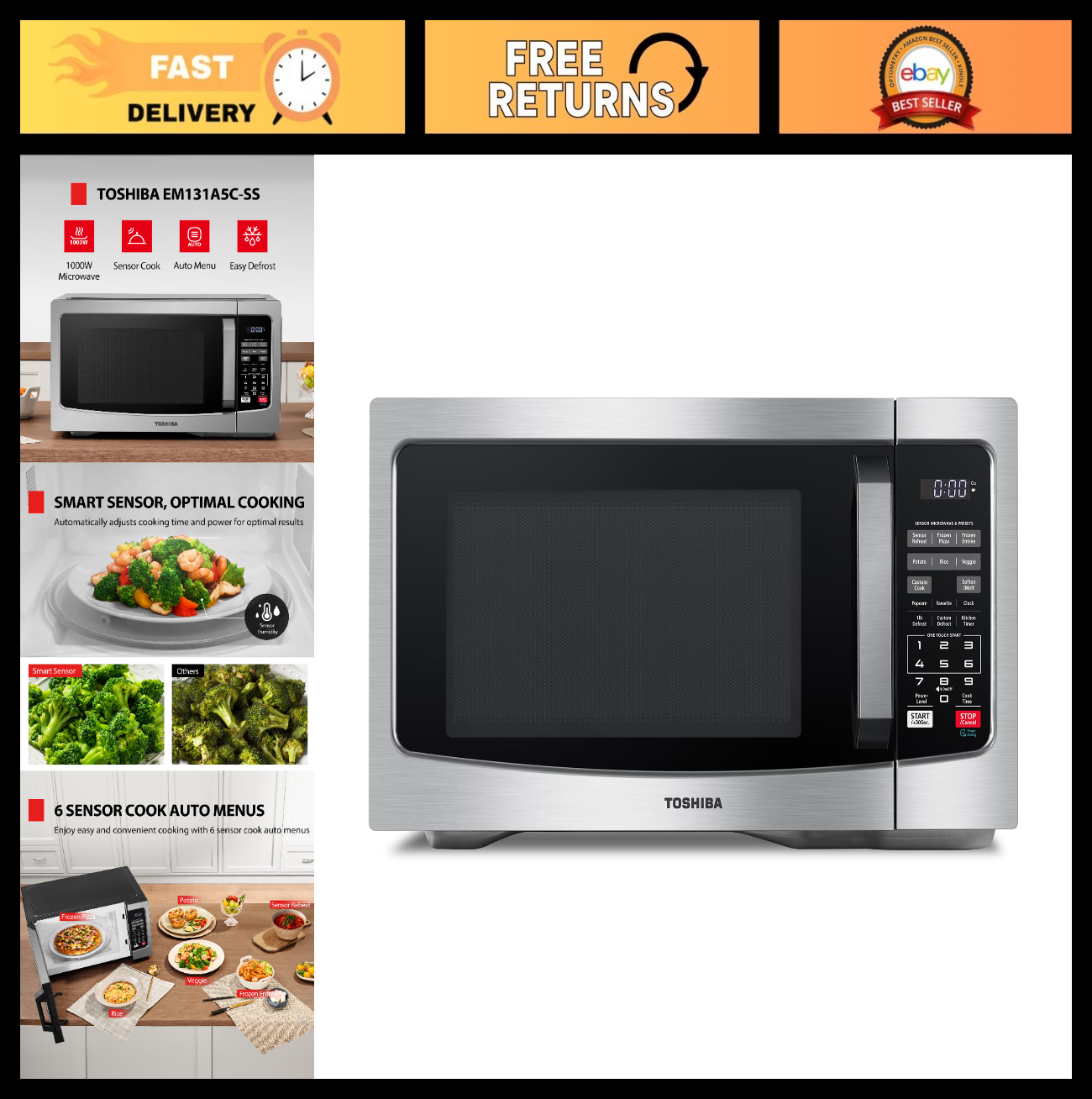 Countertop Microwave Oven 1.2 Cu.Ft 1000W Stainless Steel, Smart Sensor, 12 Auto0