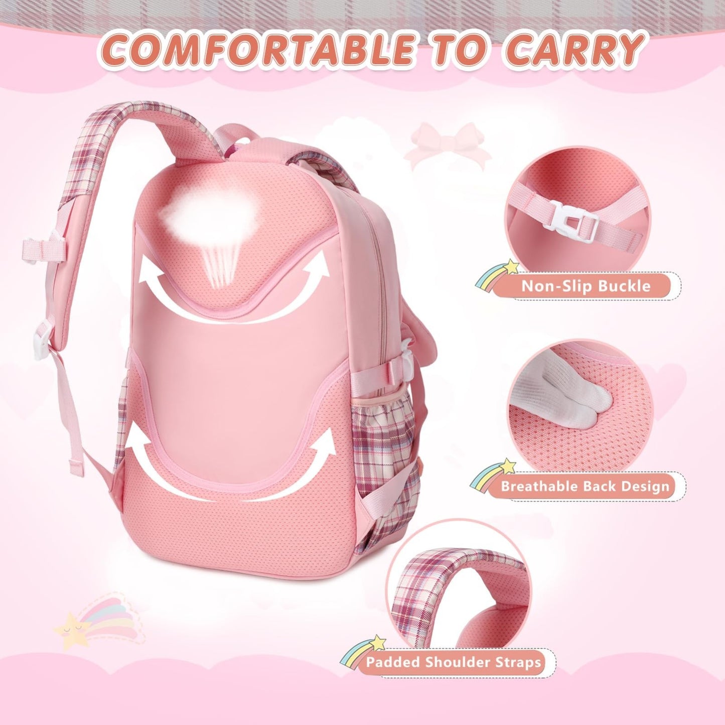 Stylish 3PCS School Backpack Set for Girls, 17" Bow Plaid Bookbag, Durable & Tre4