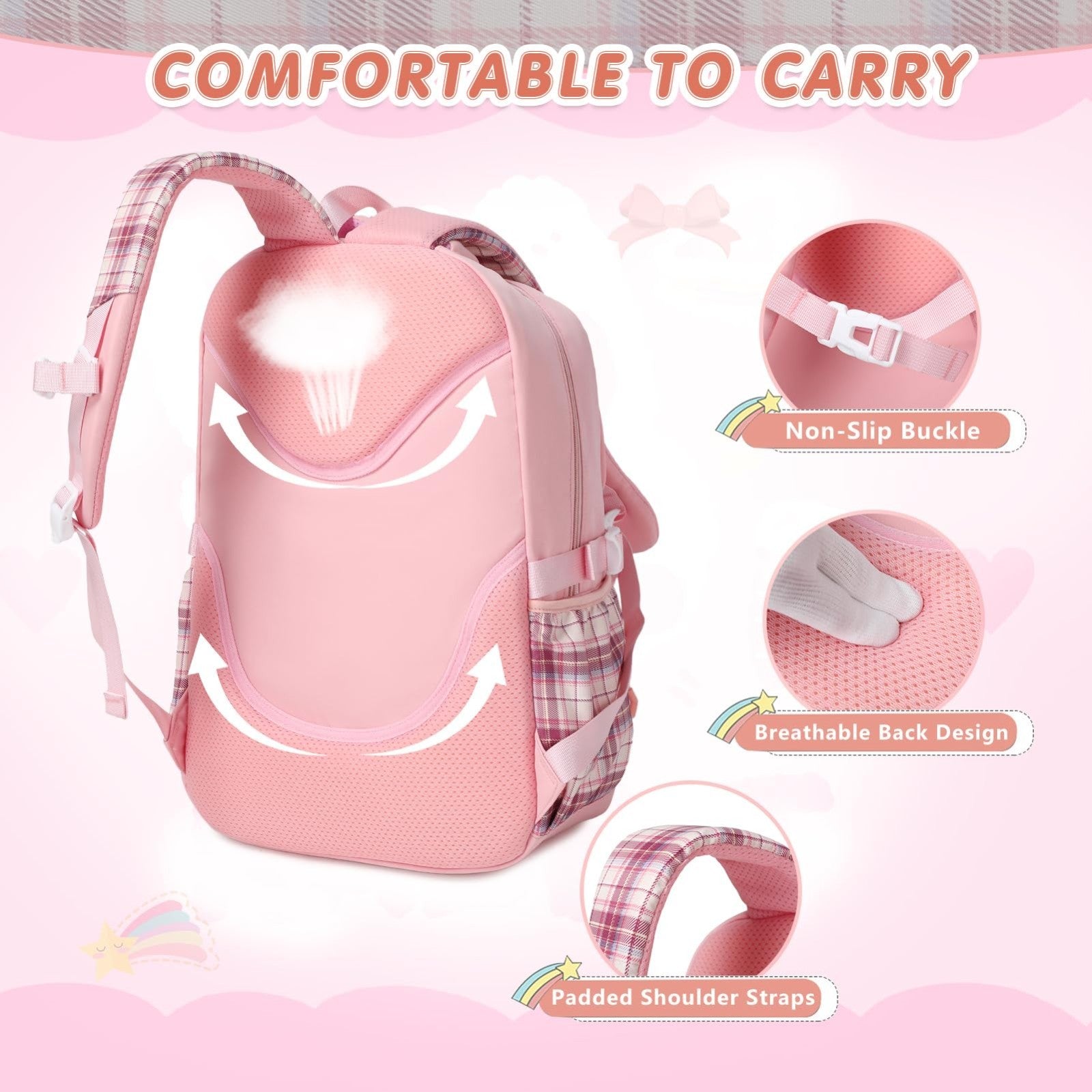 Stylish 3PCS School Backpack Set for Girls, 17" Bow Plaid Bookbag, Durable & Tre4