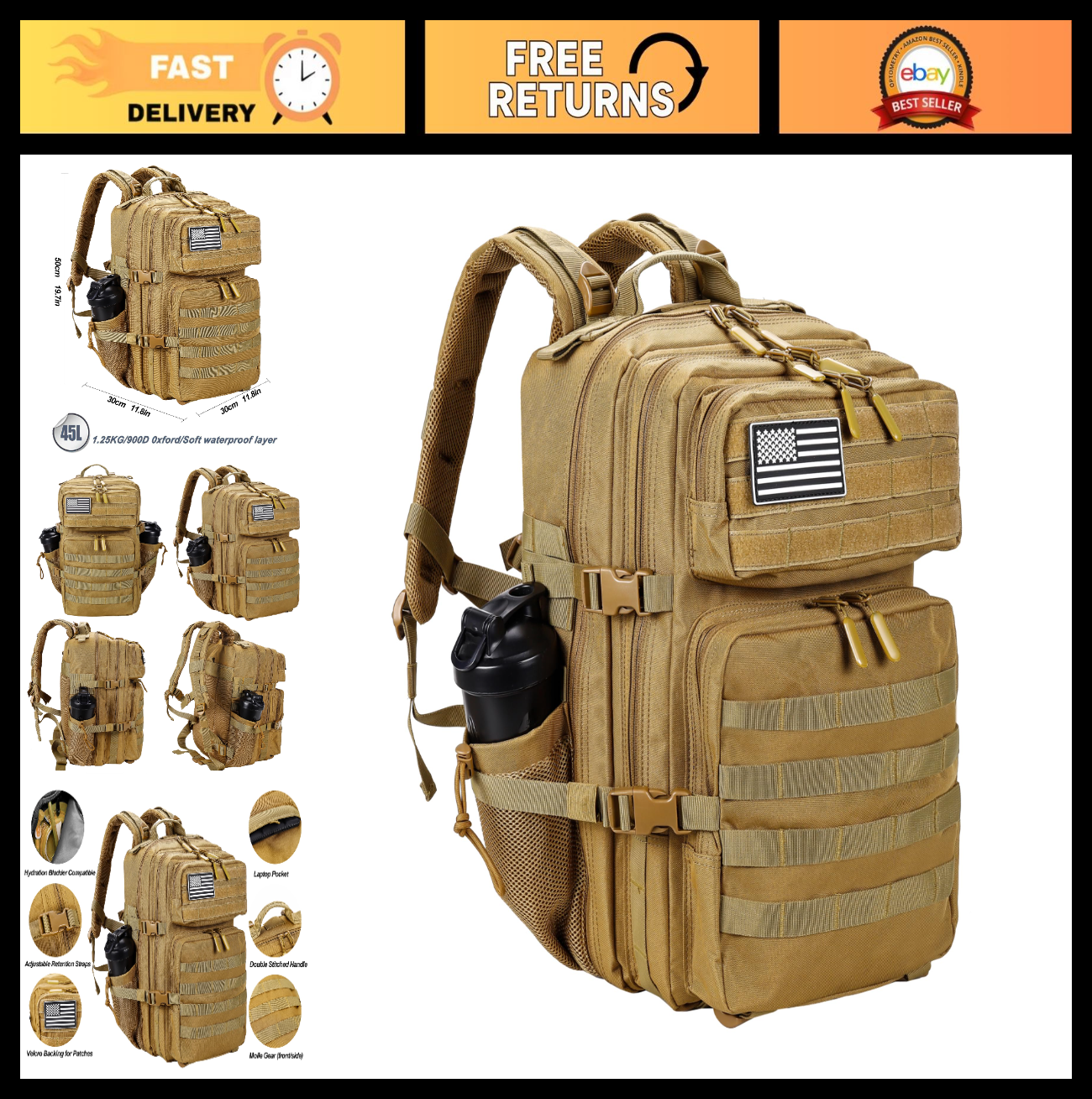 45L Military Tactical Backpack, Army Assault Pack, Molle Rucksack for Men & Wome0