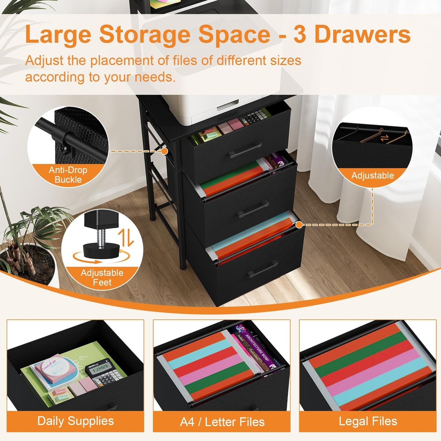 3 Drawer Tall File Cabinet with Extended Desktop, Vertical Filing Storage for Ho4