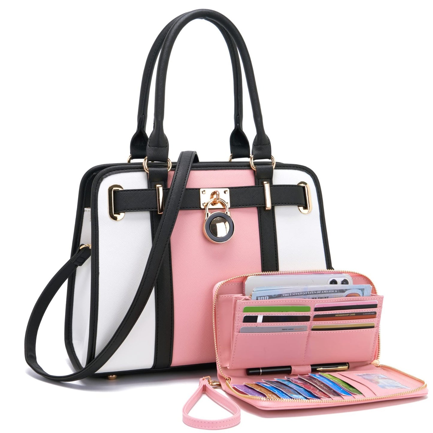 Stylish Women's Structured Satchel Tote Handbag Set with RFID Wallet - Fashionab1