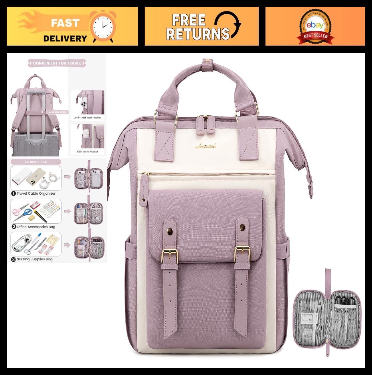 Stylish Water Resistant Laptop Backpack for Women, 15.6" Work Travel Bag, Purple0