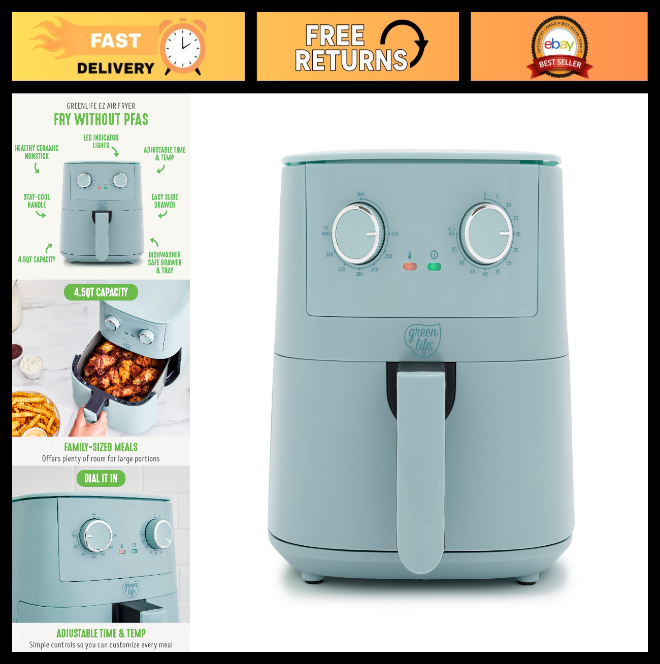 4.5QT Air Fryer with Mechanical Dial, PFAS Free Ceramic, Adjustable Temp & Timer0