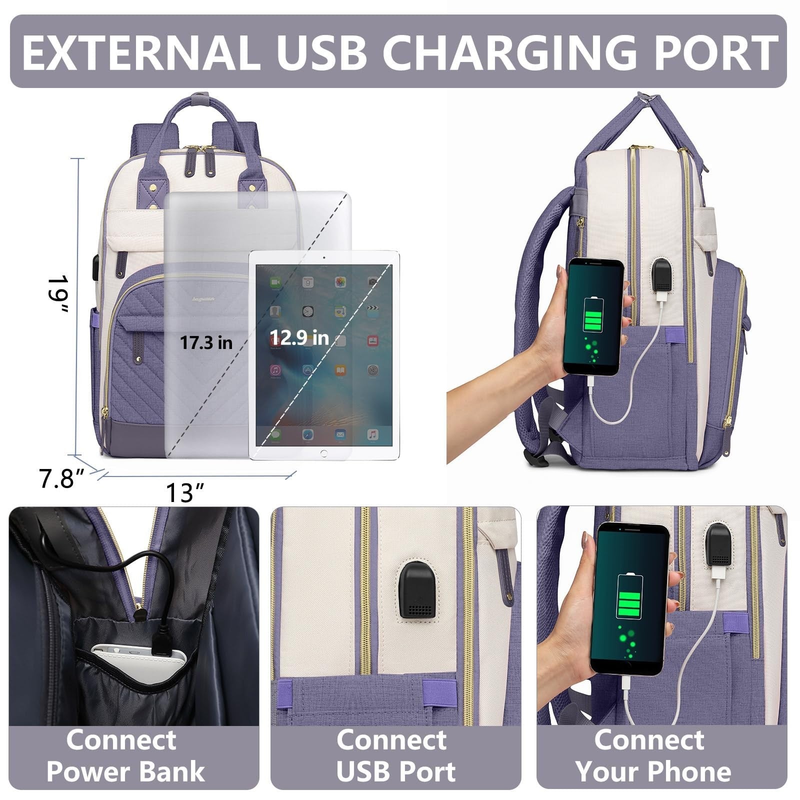 Stylish 17.3" Laptop Backpack for Women   Travel Work Bag with USB Charger3