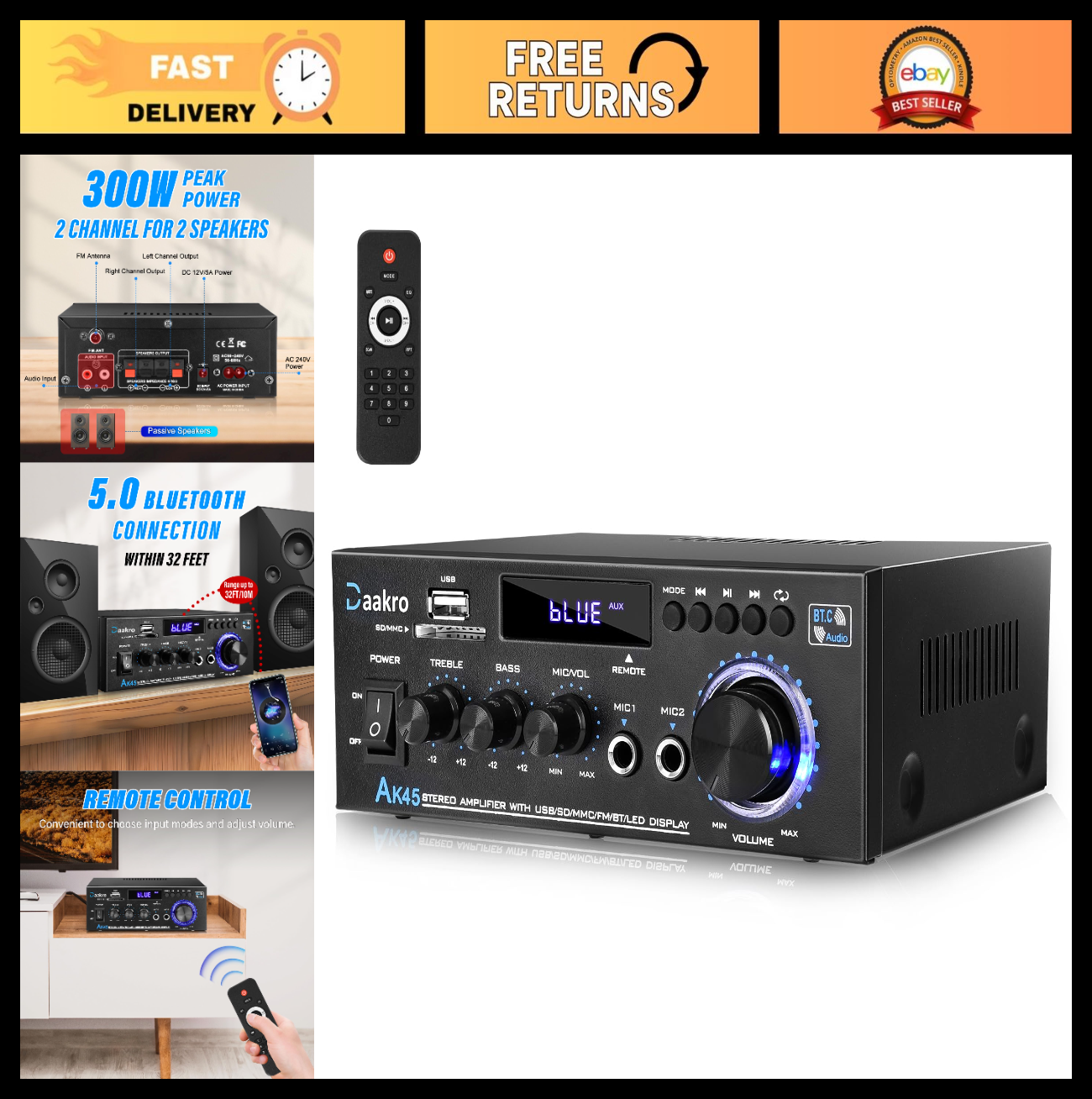 300W 2 Channel Bluetooth Stereo Audio Amplifier, Hi Fi Sound, Home Theater0