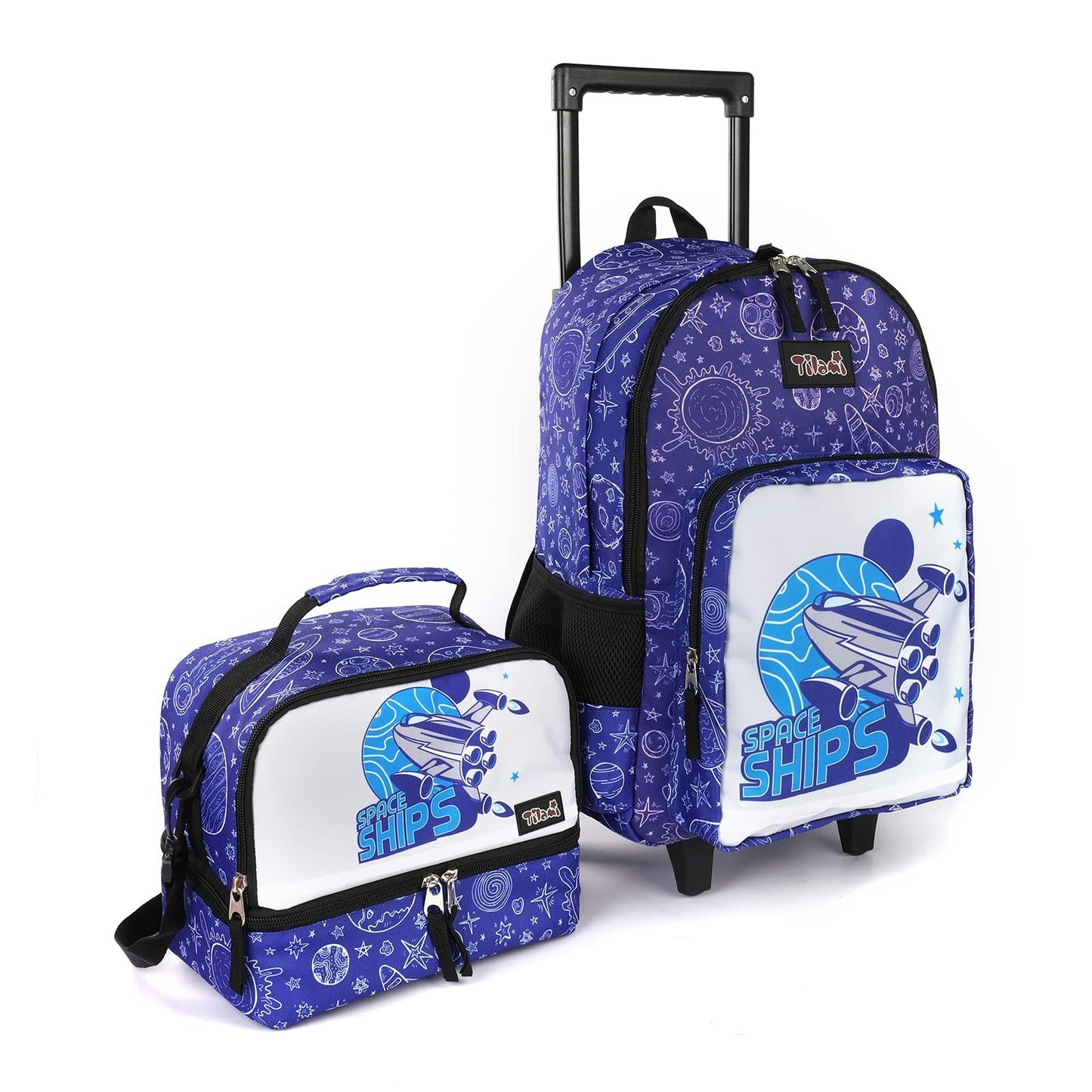 Wheeled Kids Backpack 18" with Lunch Bag, Double Handle, Spaceship Design1