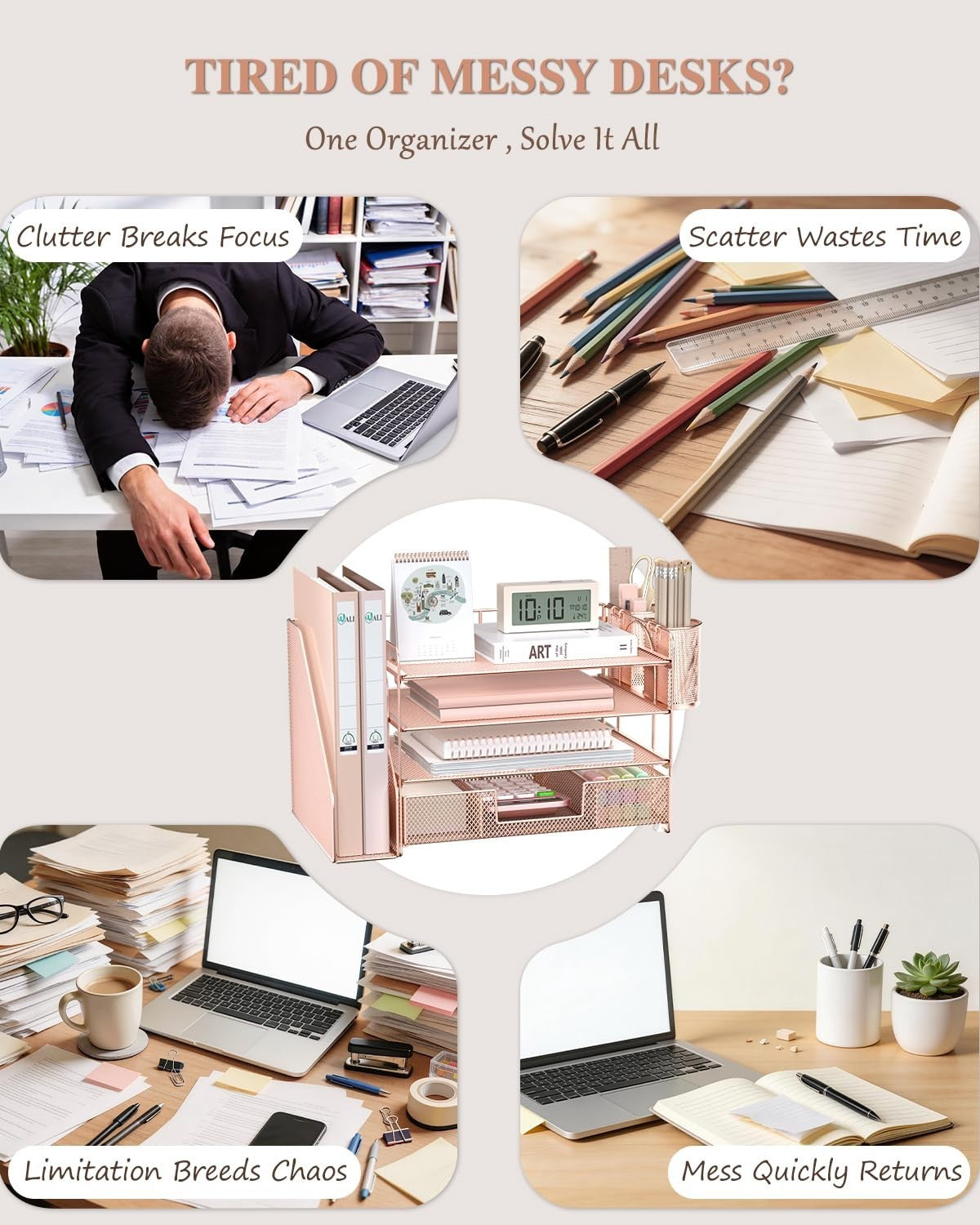4 Tier Desktop File Organizer with Drawer & 2 Pen Holders   Rose Gold Office Sup4