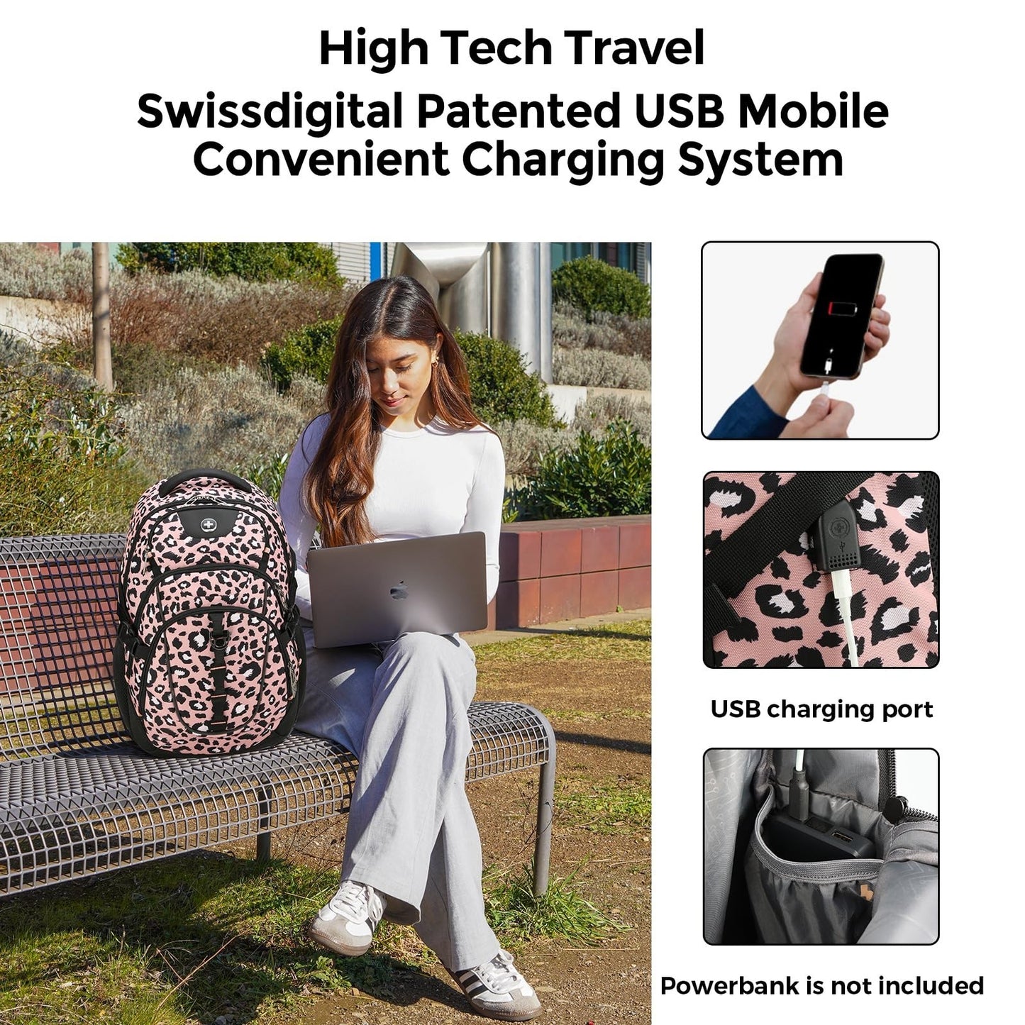 Stylish Pink Leopard Laptop Backpack with USB Charging Port, Fits 15.6" Laptops,1