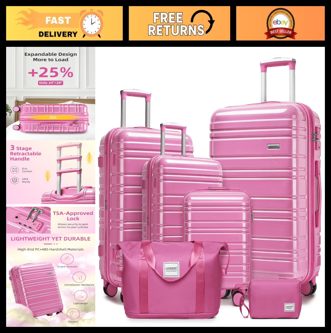 6-Piece Expandable Luggage Set, Lightweight Hardshell Suitcases, TSA Lock, 360°0