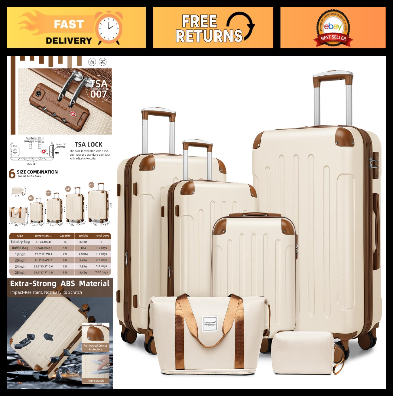 6-Piece Expandable Luggage Set with 360° Spinner Wheels, TSA Lock, Lightweight A0
