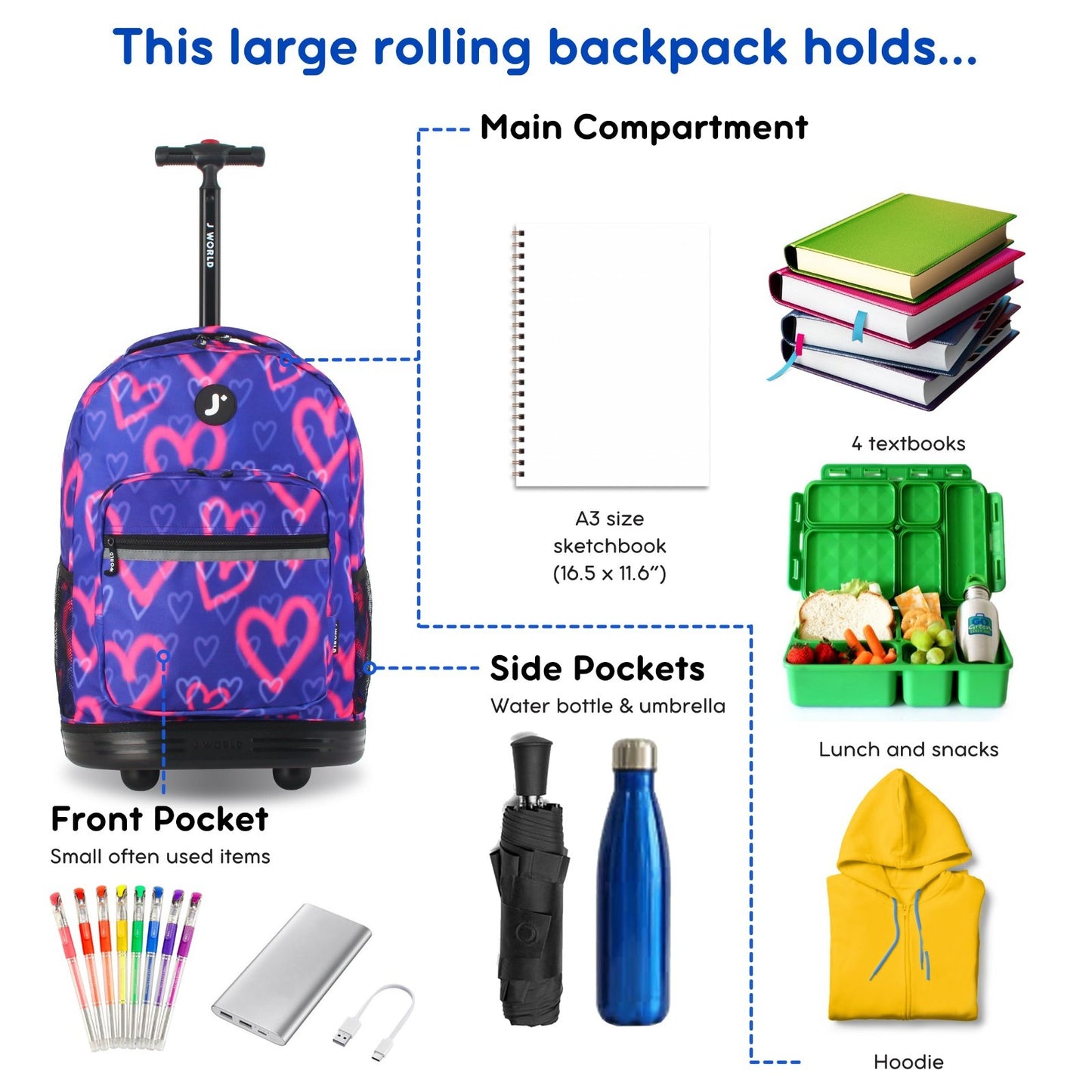 Kids Rolling Backpack with Wheels, 18" Bookbag for School, Heart Spray Design4
